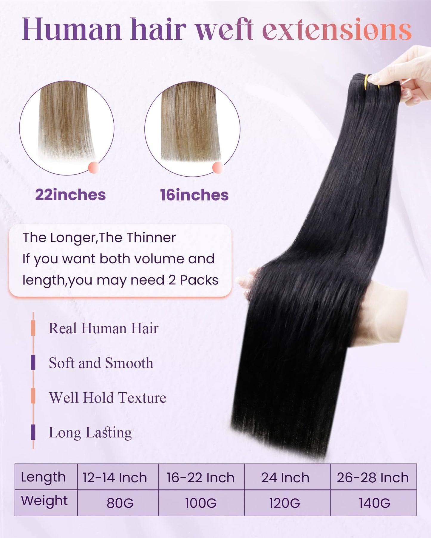 LaaVoo Sew in Hair Extensions Real Human Hair Double Weft Hair Extensions Sew in Black Women Human Hair Weft Extensions Jet Black 18 Inch 100g