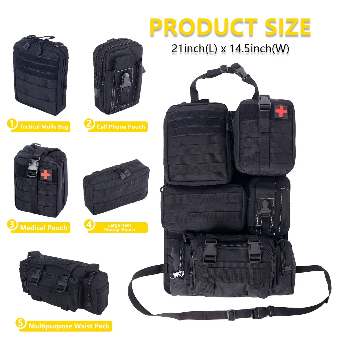 Universal Tactical Seat Back Organizer Vehicle Molle Panel Organizer Storage Bag with 5 Detachable Molle Pouch for All Vehicel Such as Jeep,Truck,SUV, Car, Ford,Chevy,Toyota etc. (A model-Black)