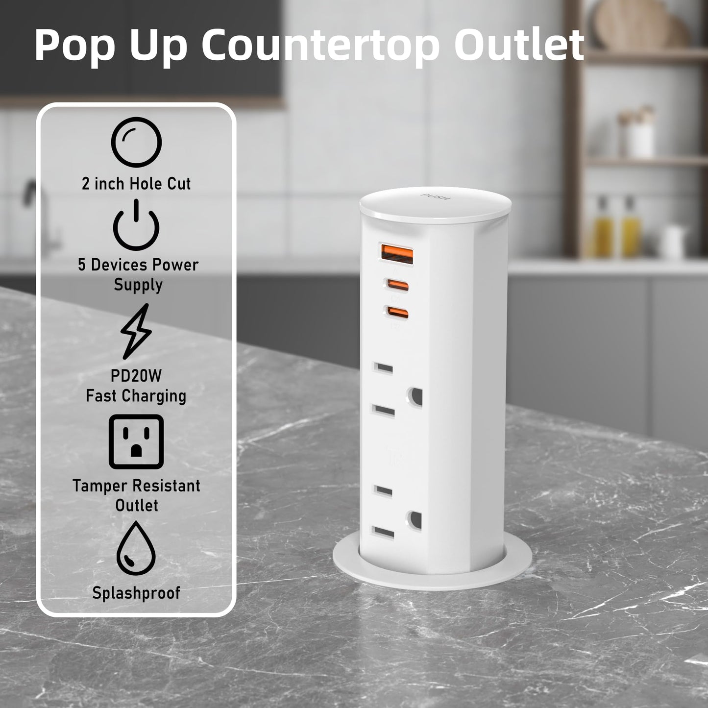 ANNQUAN 2 inch Space Saver Pop Up Outlet for Countertop with PD20W USB Ports,2 Outlets Tamper Resistant,Splashproof Pop Up Socket,Desk Power Grommet for Home Office Kitchen White