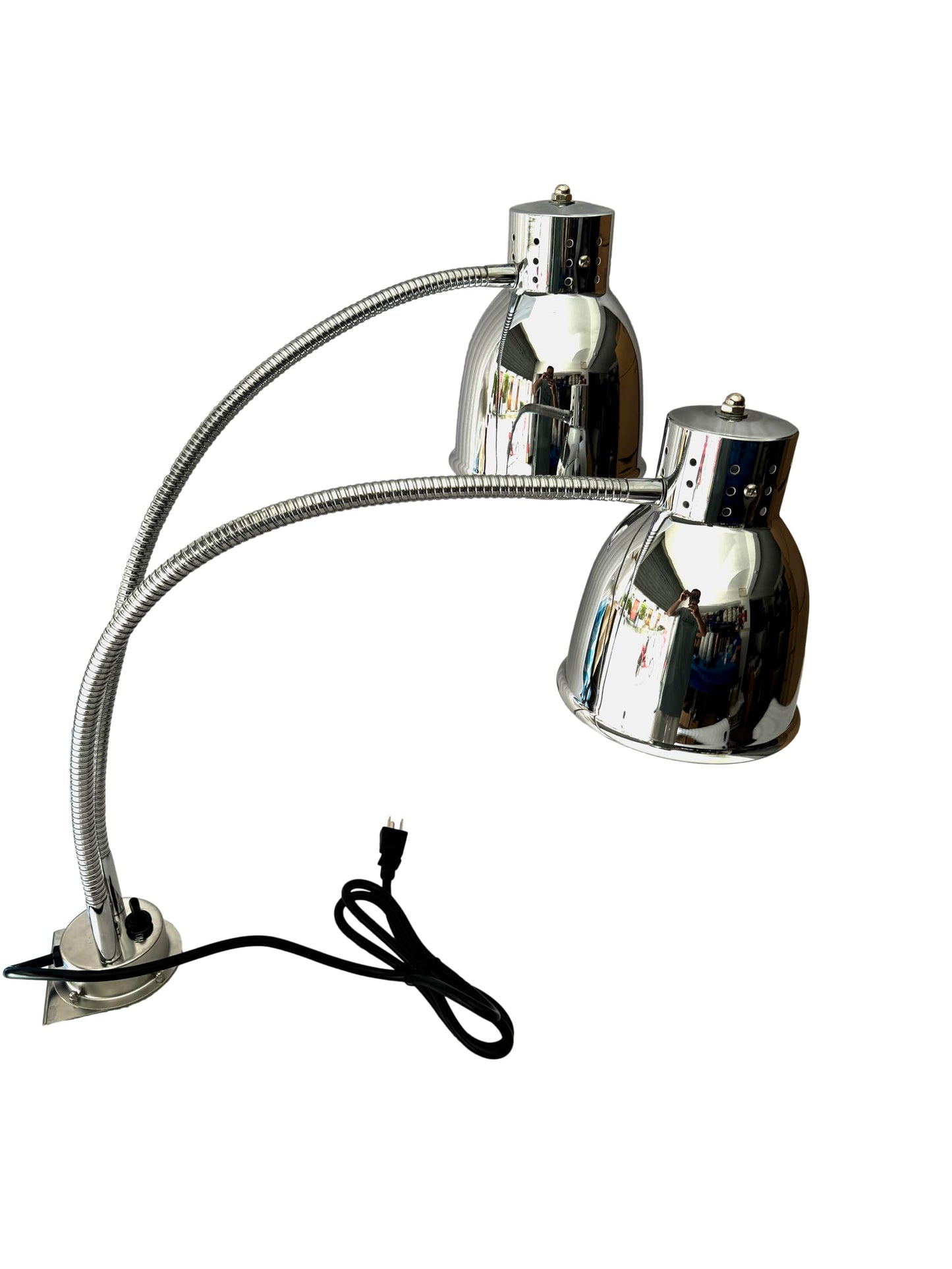 KOUWO Dual Bulbs Food Heat Lamp Adjustable Food Light Warmer 500 Watts Heating Lamps for Hot Food Countertop Chrome (Double Arm with Clamp)