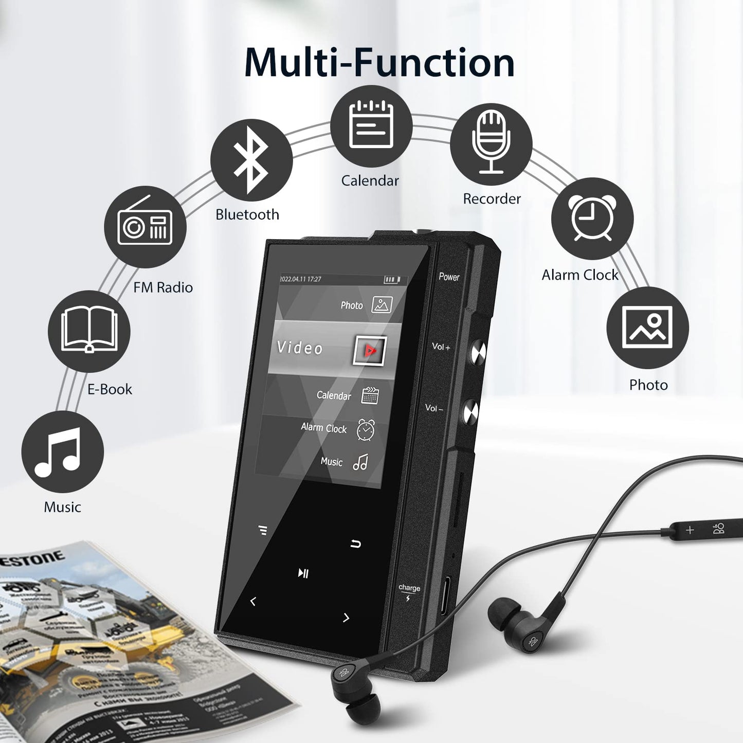 96GB MP3 Player with Bluetooth 5.0, Phinistec Z6 Digital Audio Player with Loud Speaker, 2.4'' IPS Super Battery Life Music Player with FM Radio, E-Book, Music Alarm Support up to 256GB