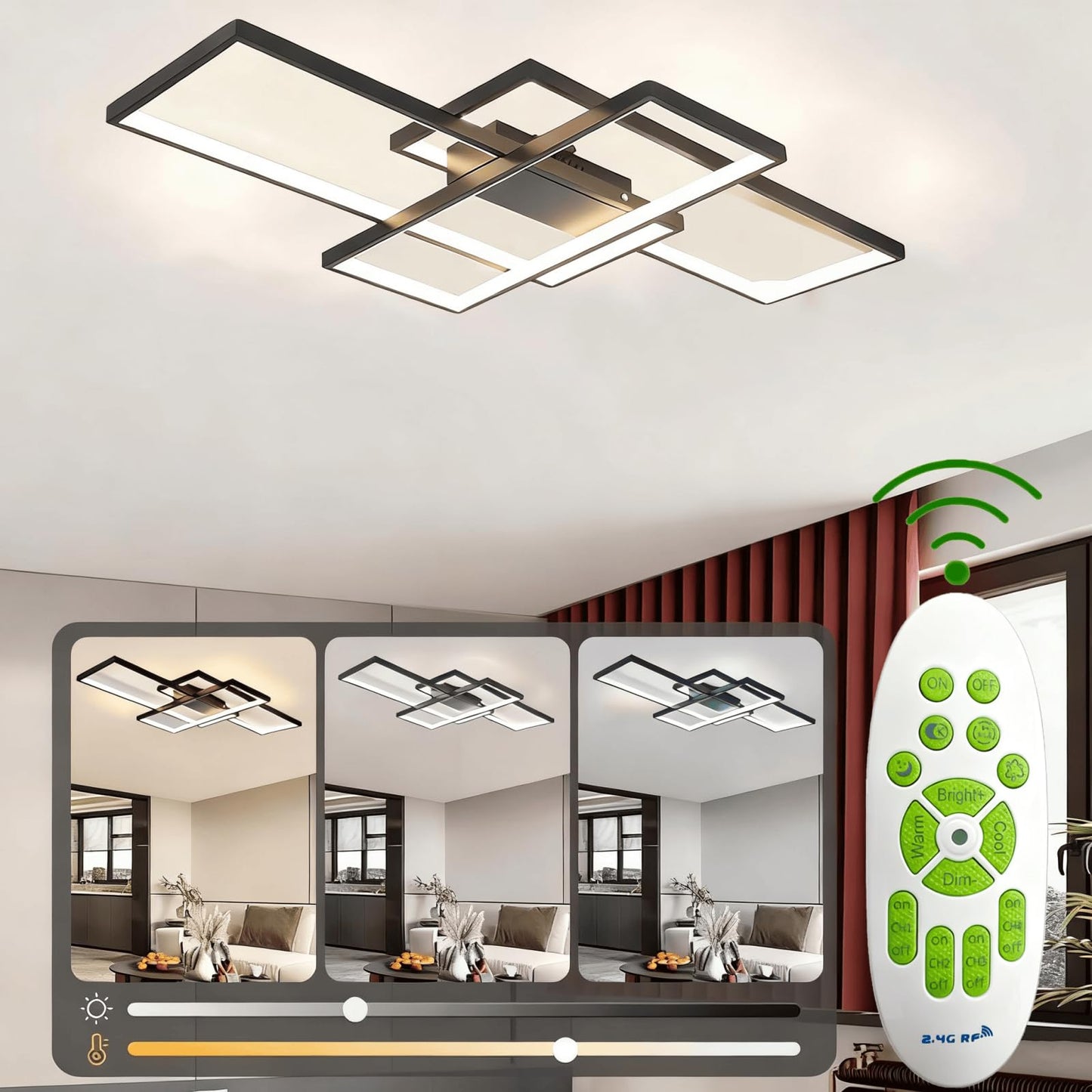 ASDMD Modern LED Ceiling Light 31.5" Dimmable Black Ceiling Light Fixture with Remote Control Square 54W 3000K-6500K Ceiling Lamp for Kitchen, Living Room, Bedroom