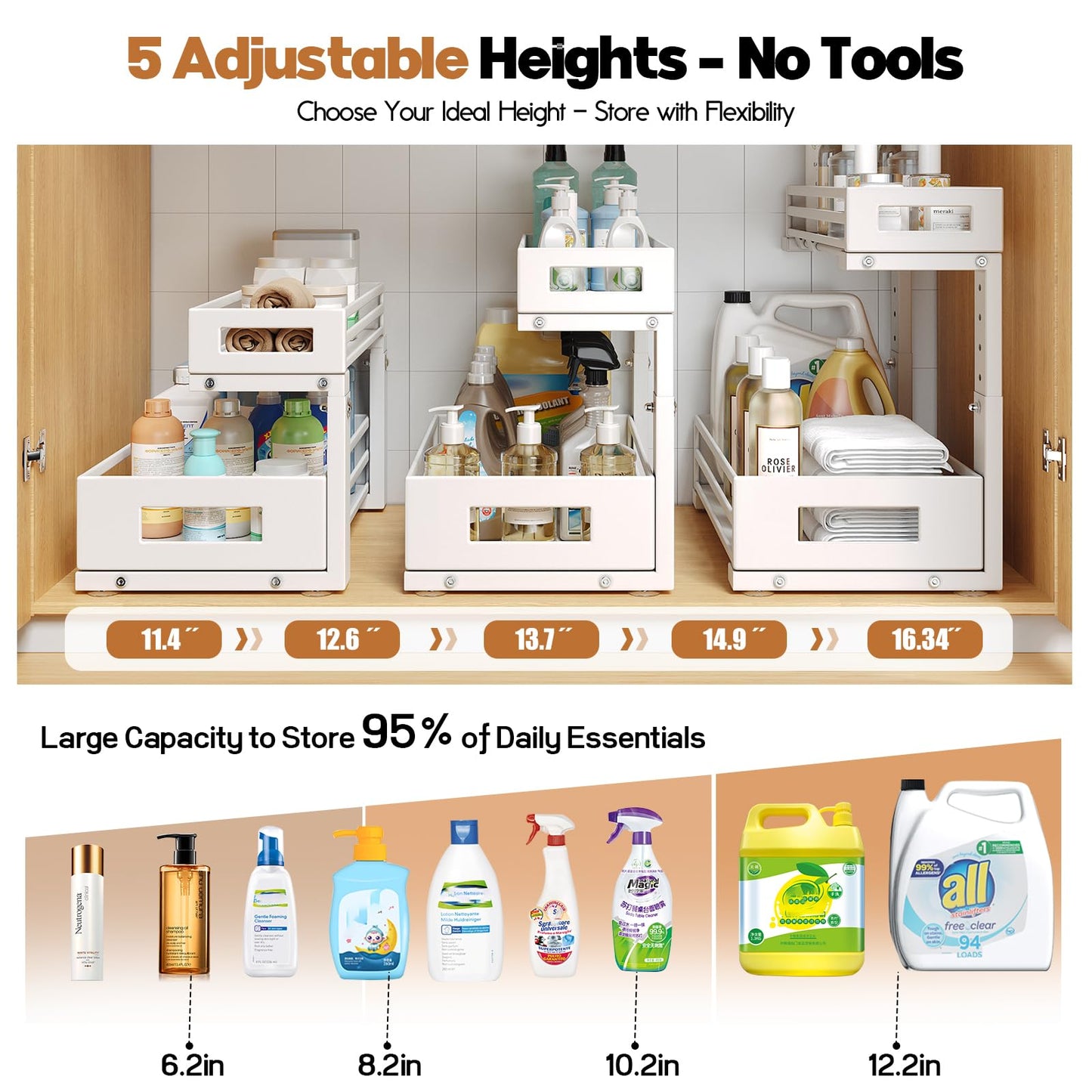 2-Pack Under Sink Organizers and Storage,2-Tier L Shape Pull Out Cabinet Organizer With Round Tube Slide Rails,Hight Adjustable Slide Out Drawers for Kitchen&Bathroom,Multi-Purpose Storage Shelf-White
