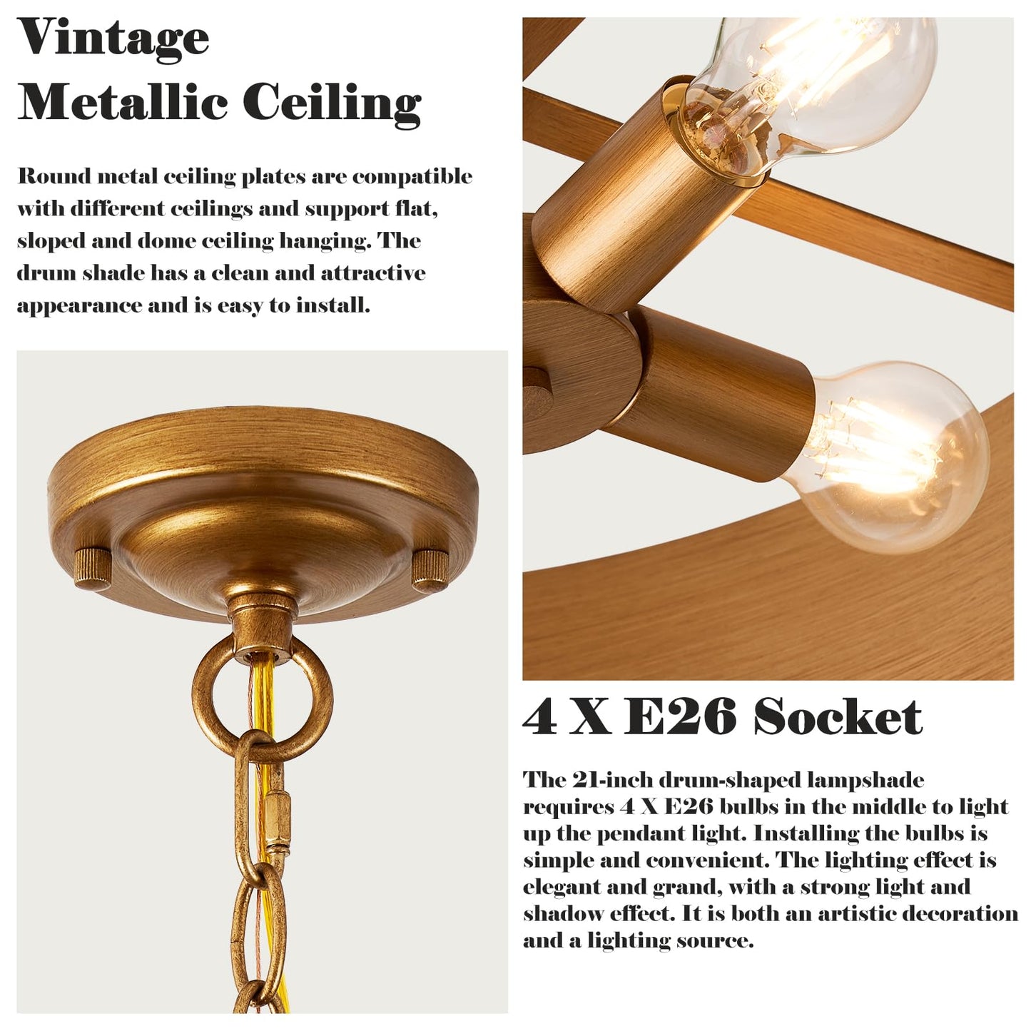 21" Vintage Metal Drum Chandelier, 4-Light E26 Industrial Adjustable Chain Hanging Pendant Light Fixtures for Foyer Entryway Kitchen Bedroom, Golden Bronze Finish