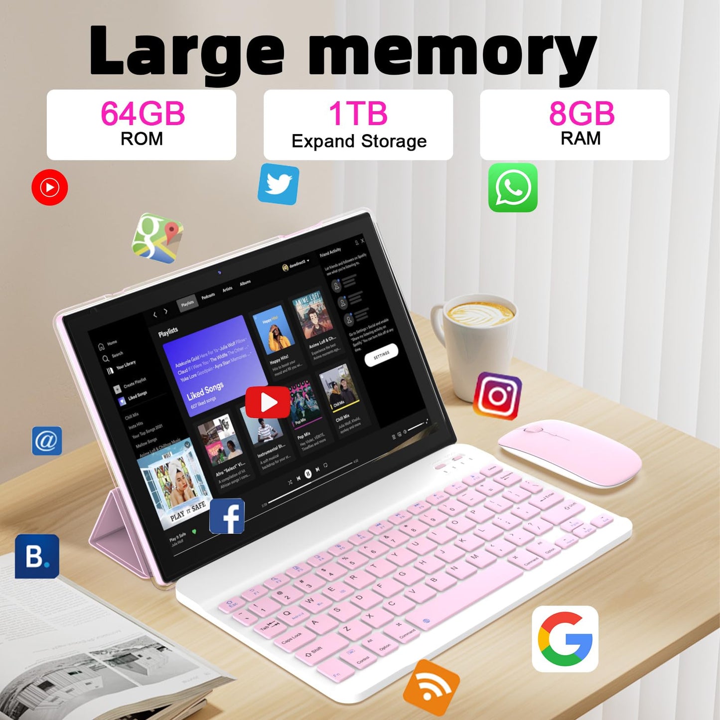 Android 14 Tablet, 10 Inch 8GB RAM+64GB ROM+1TB Expand, 1.8Ghz Quad-core Processor, 2 in 1 Tablets with Keyboard/Mouse/Case/Stylus, 8MP Camera, 6000mAh Battery, 1280 * 800 HD Screen, 5G WiFi 6 Tablet