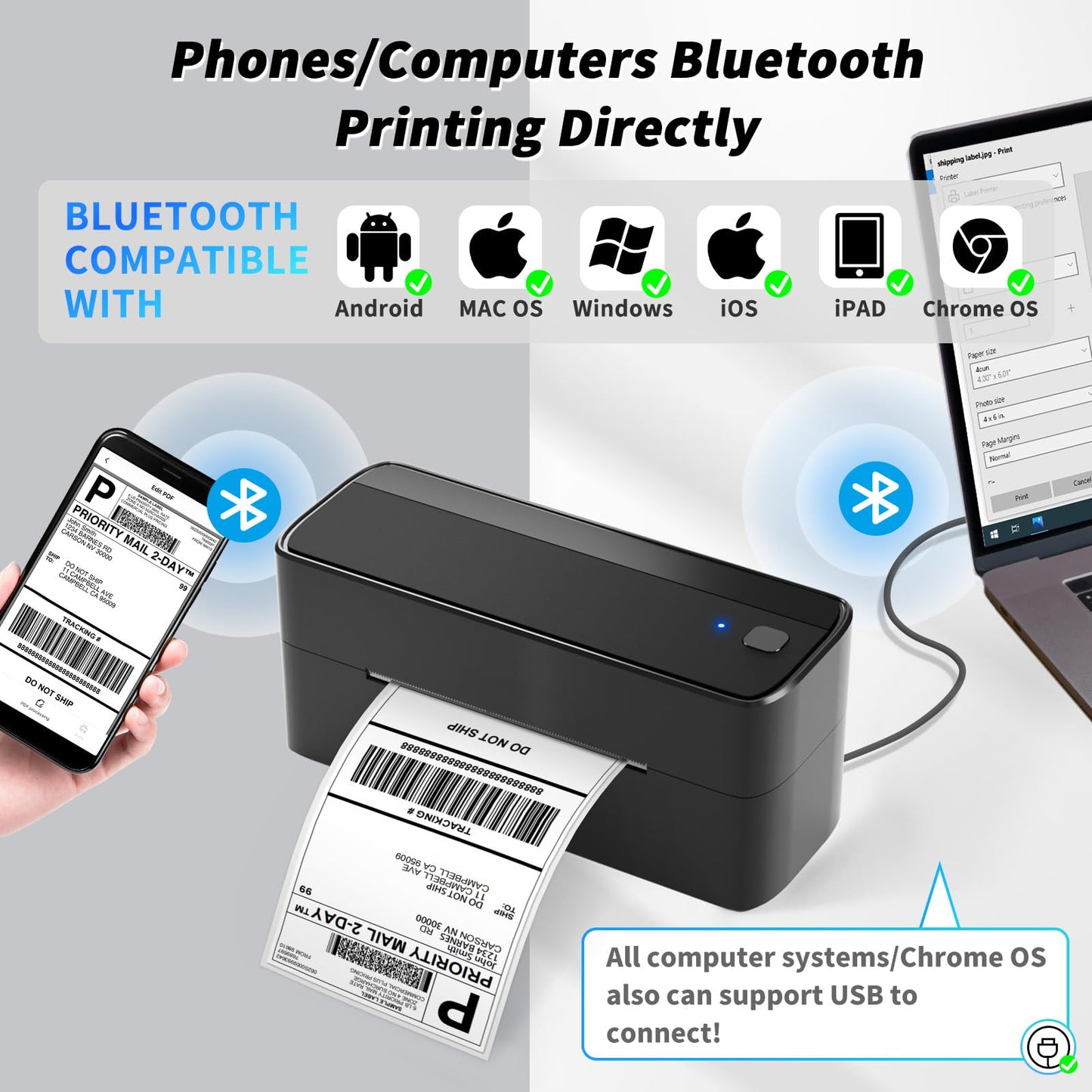 ASprink Shipping Label Printer - 241BT Bluetooth Thermal Label Printers for Small Business, 4X6 Wireless Thermal Printer for Shipping Packages, Compatible with iPhone, Windows, USPS, Amazon, Black
