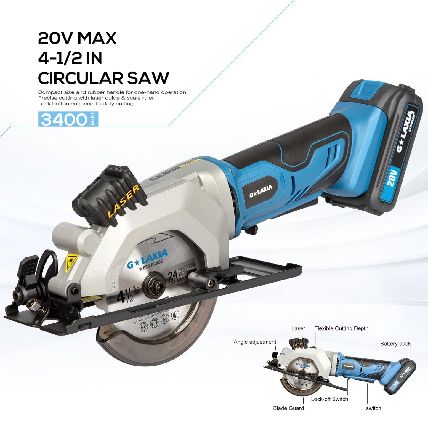 G LAXIA Mini Circular Saw, 4-1/2" 3400RPM Cordless Circular Saw with Laser Guide, Rip Guide, Compact Hand Saw with 2Pcs blades(24T+60T), Max Cutting Depth 1-11/16"(90°), 1-1/8"(45°)