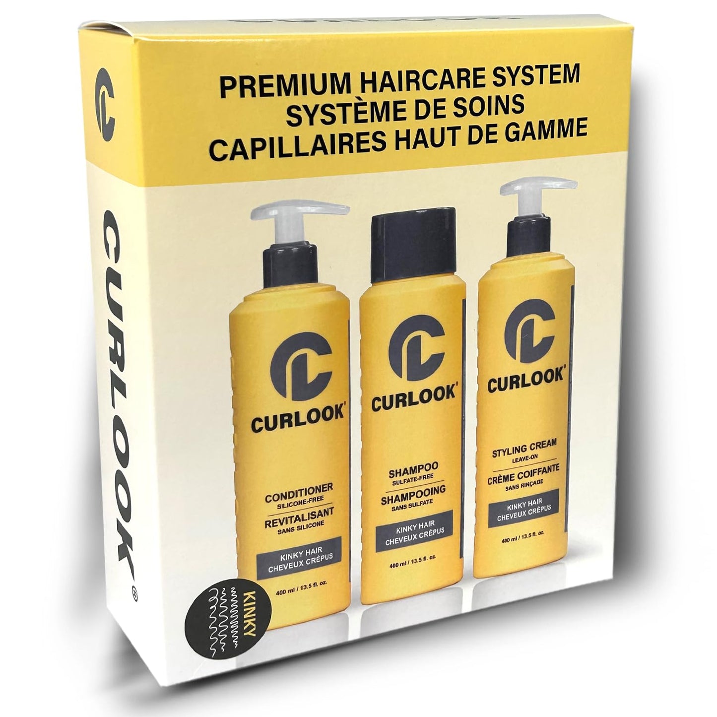 Curlook Kinky-Coily Hair Package | Shampoo, Conditioner & Leave-In Styling Cream Set | Sulfate-Free, Silicone-Free | 400ml (13.5 oz) Each Bottle | Made in Canada Curly Hair Products | Pack of 3