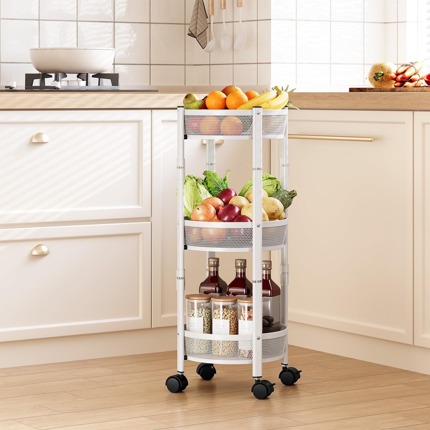 TOOLF 3-Tier Foldable Rolling Cart, Collapsible Metal Utility Cart with Wheels, No Assemble, Multifunction Storage Organizer Trolley for Kitchen, Bathroom, Dorm, Nursery, White