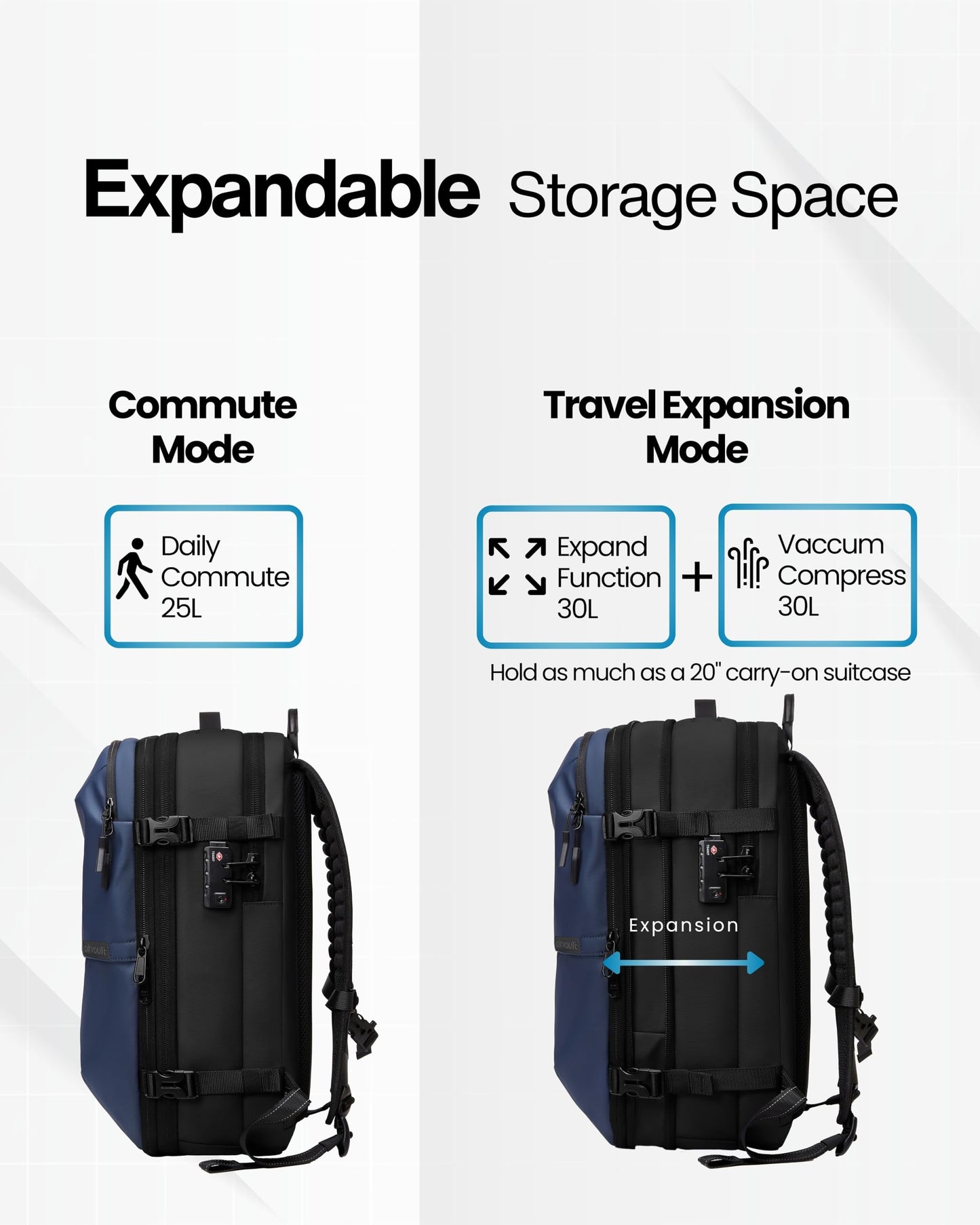 AirVault Voyage Vacuum Seal Travel Backpack 60L with Exapandable Vortex Air Compression Vacuum System Airback SpaceVacPro VacPack Water Resistant TSA Lock with Air Pump Blue