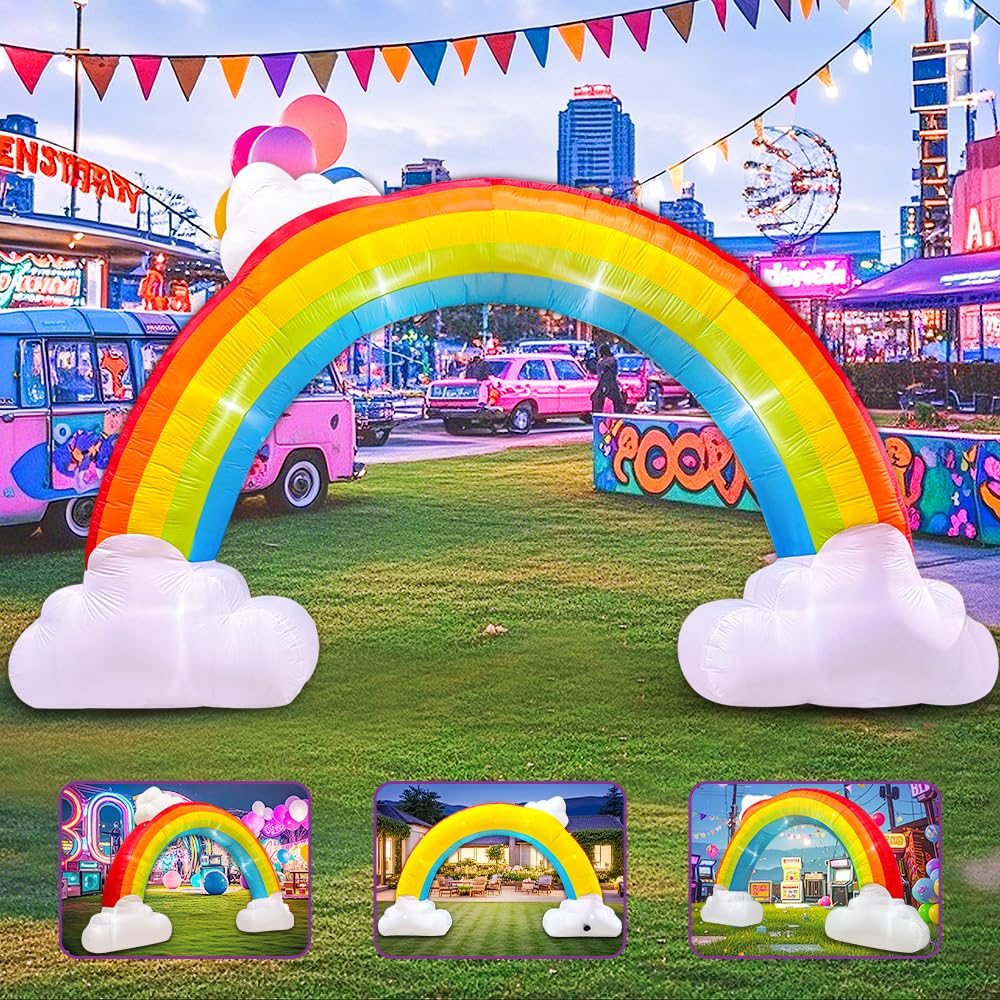 14FT Inflatable Rainbow Arch with Cloud, Inflatable Music Archway Blow up Yard Decorations with Led Lights for Outdoor Event Birthday Holiday Party Garden Lawn Decoration