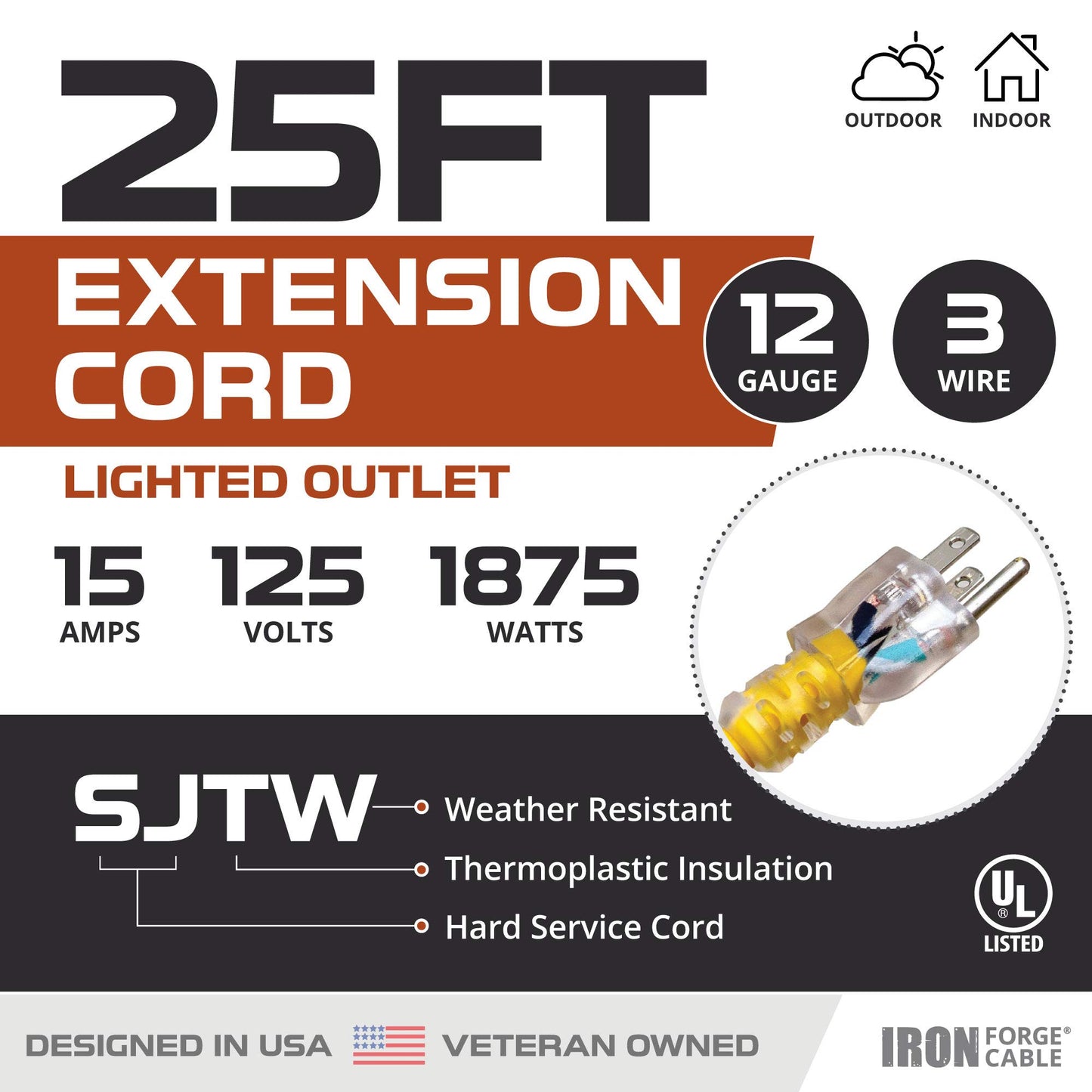 IRON FORGE CABLE 2 Pack of 25 Foot Outdoor Extension Cords - 12/3 SJTW Heavy Duty Lighted Yellow Extension Cable with 3 Prong Grounded Plug for Safety, 15 AMP - Great for Garden and Major Appliances