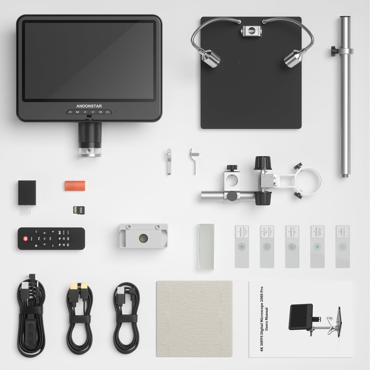 Andonstar 4K 30FPS Digital Microscope with 10.1" Screen, 3840P UHD Video Audio, Pro Boom Arm Stand for Soldering, Electronics Repair, Coin, AD208S-Pro HDMI Electronic Microscope for Adults, 64GB