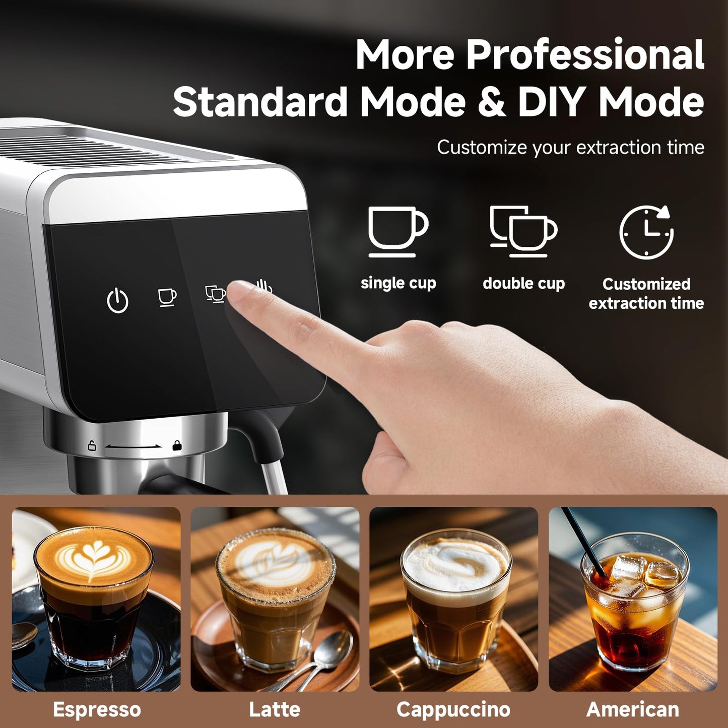 AMZCHEF Espresso Machines with LED Touch screen, Espresso Coffee machine Equip 20Bar Pressure System, Cappuccino Machine, Compact Latte Machine for Home Gifts,silver