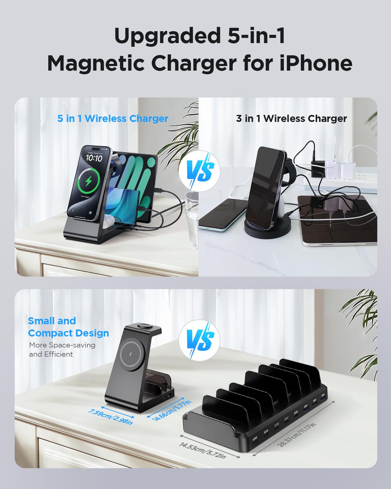 Charging Station for iPhone,5 in 1 Wireless Charger Stand Dock for Apple: Mag-Safe Charging Station for Multiple Devices Apple iPhone 16 15 14 13 12 Pro Max Plus Apple Watch iWatch Magnetic