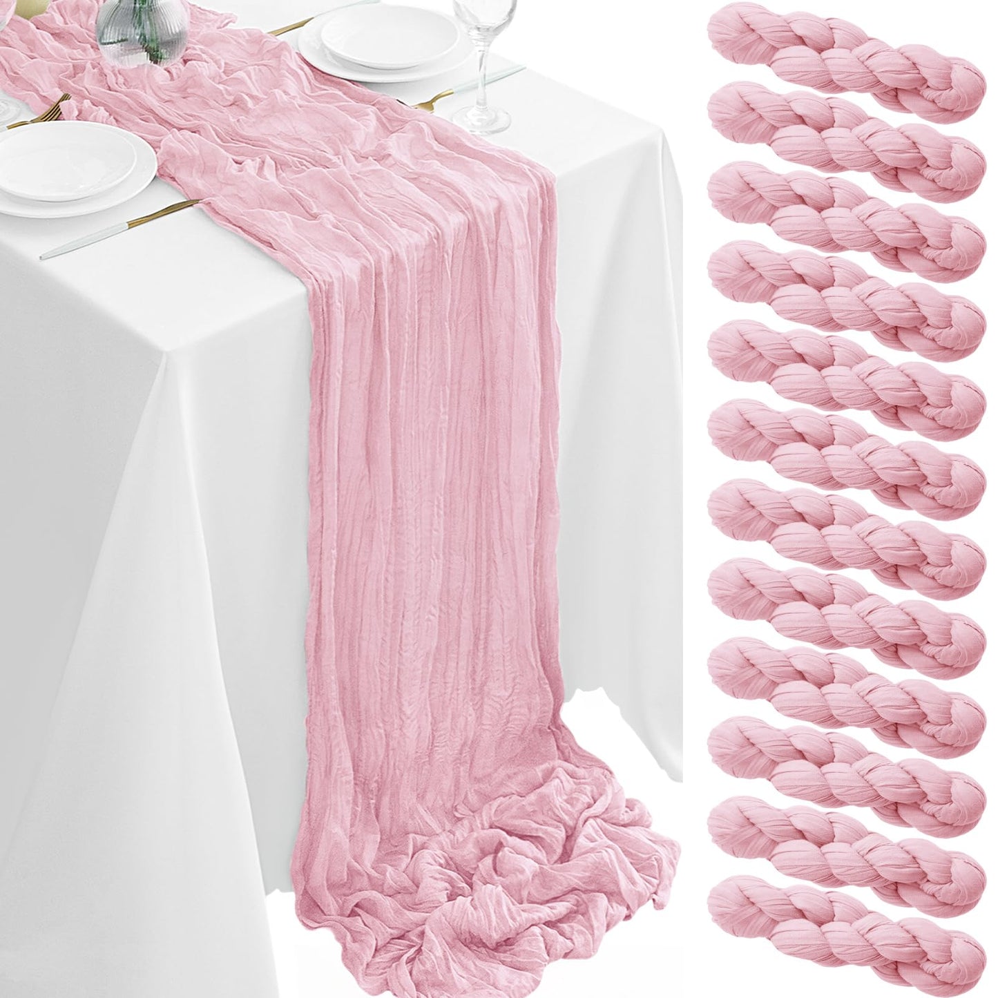 12Pack Pink Cheesecloth Table Runner 35 x 120 inch Cheese Cloth Table Runner 10FT Boho Table Runners Rustic Gauze Table Runners for Party Wedding Birthday Dining Bridal Shower Baby Shower Decor