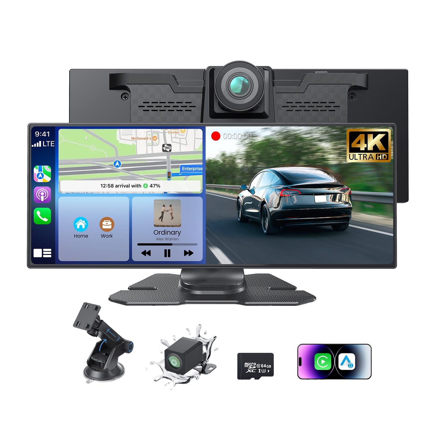 11.26”Coocom Portable CarPlay Screen for Car,Car Stereo with Apple CarPlay & Android Auto,Incell Touch Screen,4K Dash Cam,1080P Backup Camera,Mirror Link, Voice Control, Bluetooth 5.3,GPS,FM