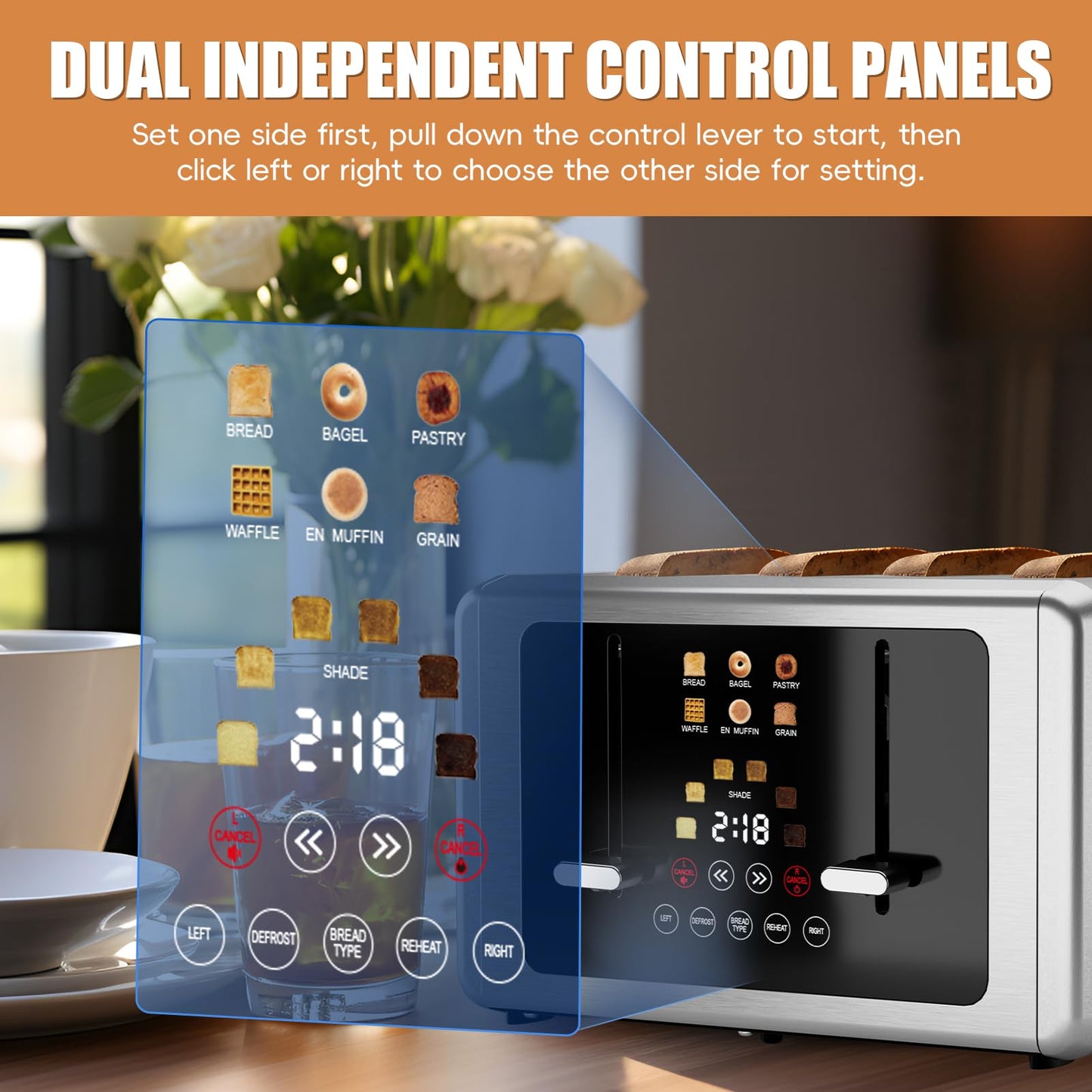Whall 4-Slice Smart Toaster with Touchscreen & Extra-Wide Slots, Dual Independent Control, 6 Browning Levels & 6 Bread Types, Memory Function,Countdown Timer, Ideal Kitchen Gift,Platinum