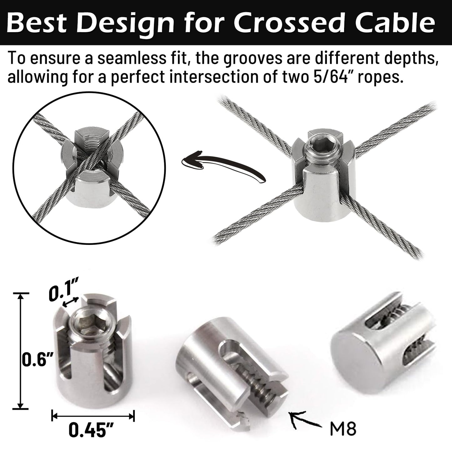 Acemaker 20PCS Cross Clamps for 5/64"- 3/32" (2-2.4mm) Wire Rope or Rod Fittings, T316 Stainless Steel Cross Cable Clamps No Drilling Required Clips for Wire Trellis System
