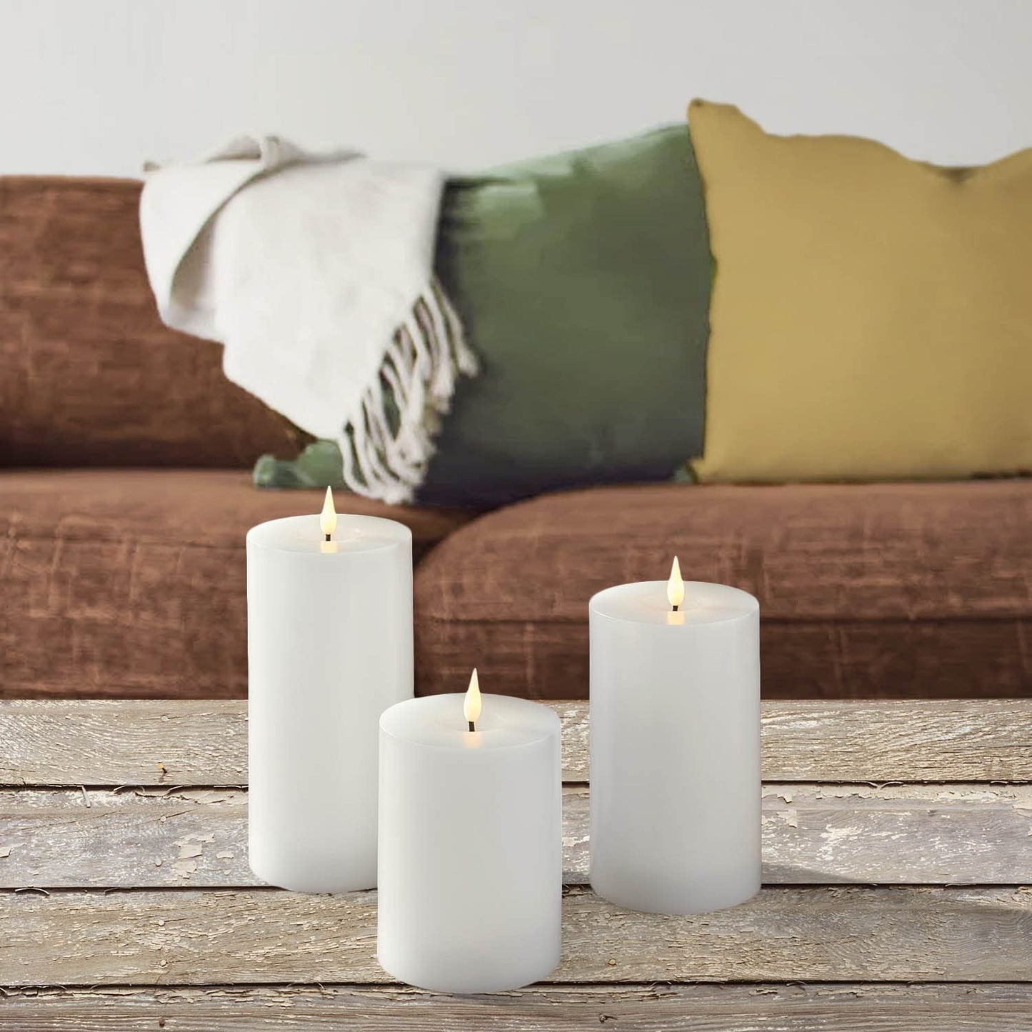 LampLust Realistic Flameless Pillar Candles with Remote - Set of 3, Batteries Included, Real White Wax, 3D Flickering LED Flame, 3 Inch Diameter Pillar Candles for Wedding and Farmhouse Home Décor