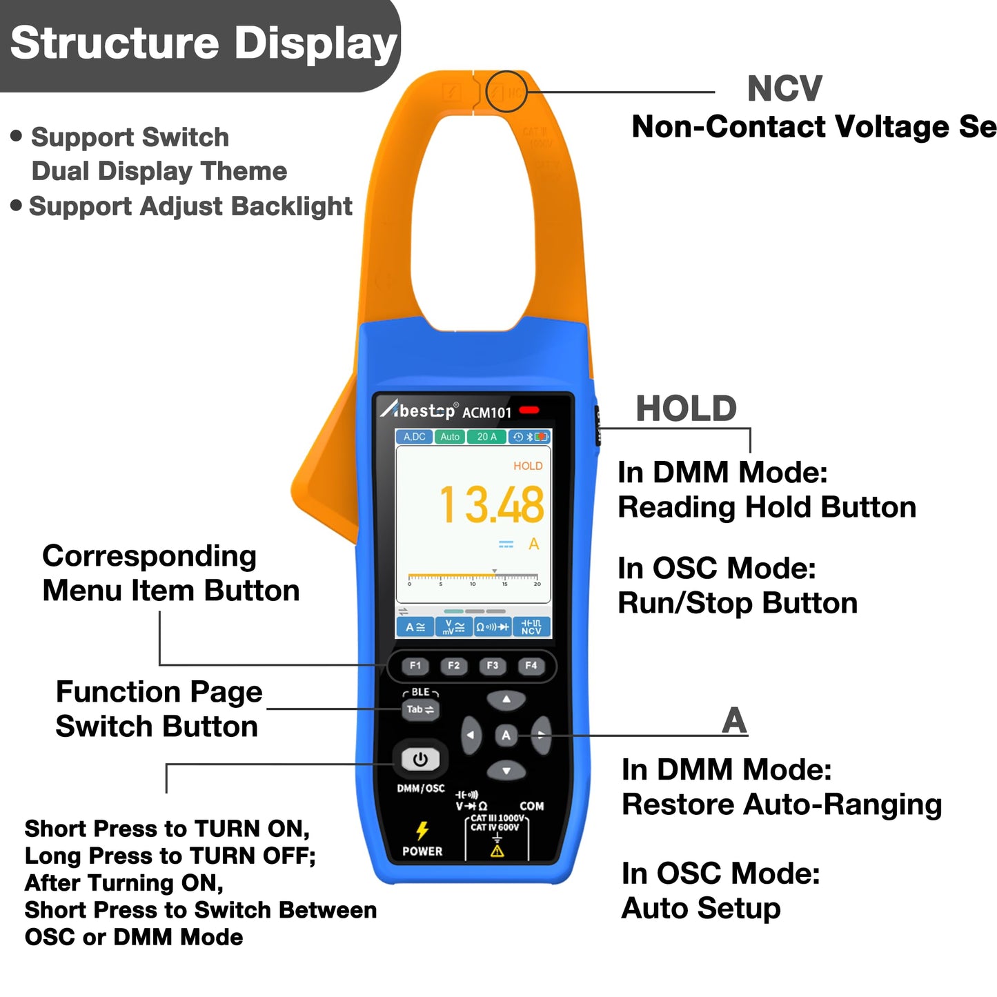 ACM101 Abestop Clamp Meter 1000A Smart 3 in 1 AC/DC Current Clamp with 2.8 inch IPS LCD Display OSC + Record Function