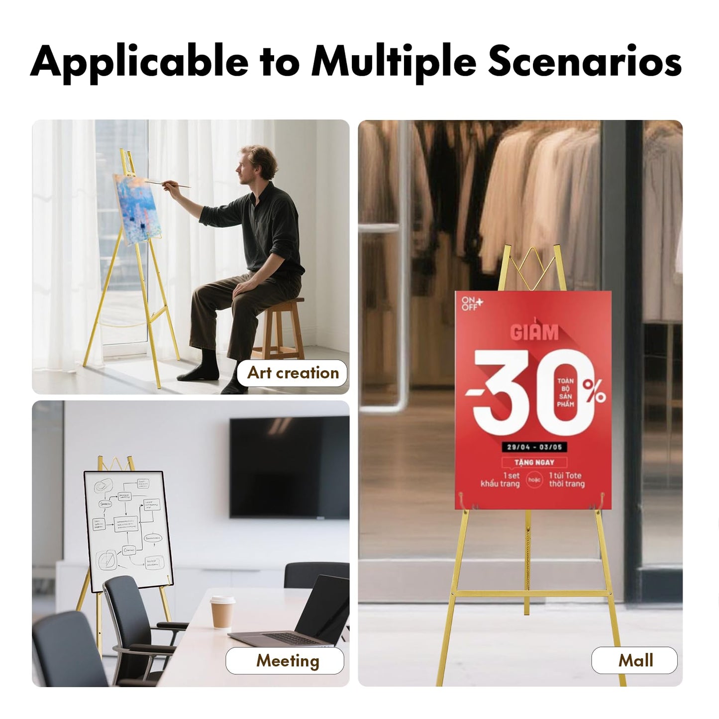 WATIHERE 57.5" Gold Easel Stand for Wedding Sign – 4 Adjustable Height Levels, Assembly Required, Heavy Duty Metal Display Stand for Art, Paintings, Posters, Pictures, and Home Décor