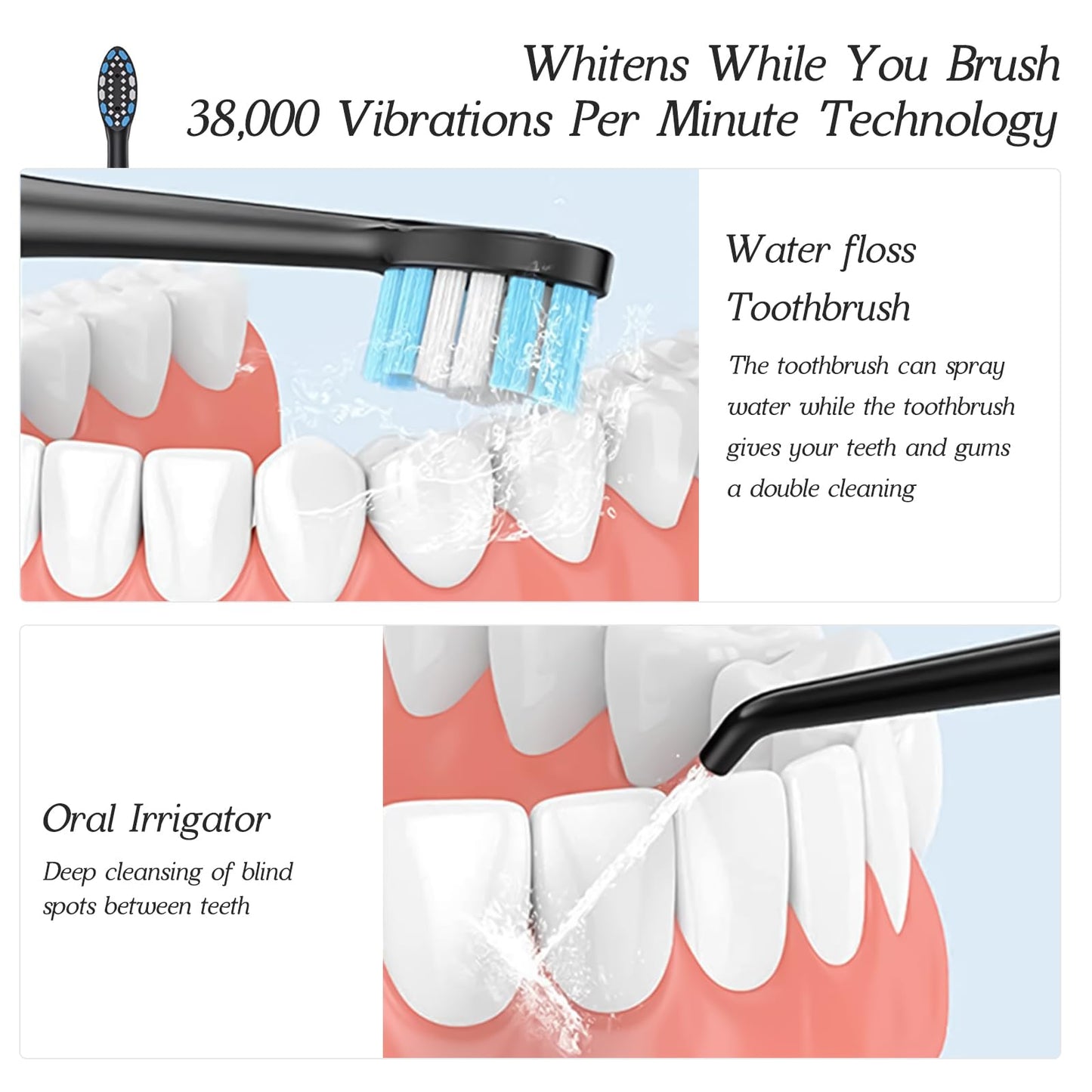 2-1 Professional Electric Toothbrush with Water Flosser, 3800VPM Ultrasonic Water Dental Flosser Toothbrush Combo- 4 Modes & 4 Intensity Levels, Brushing & Flossing for Home and Travel, Black