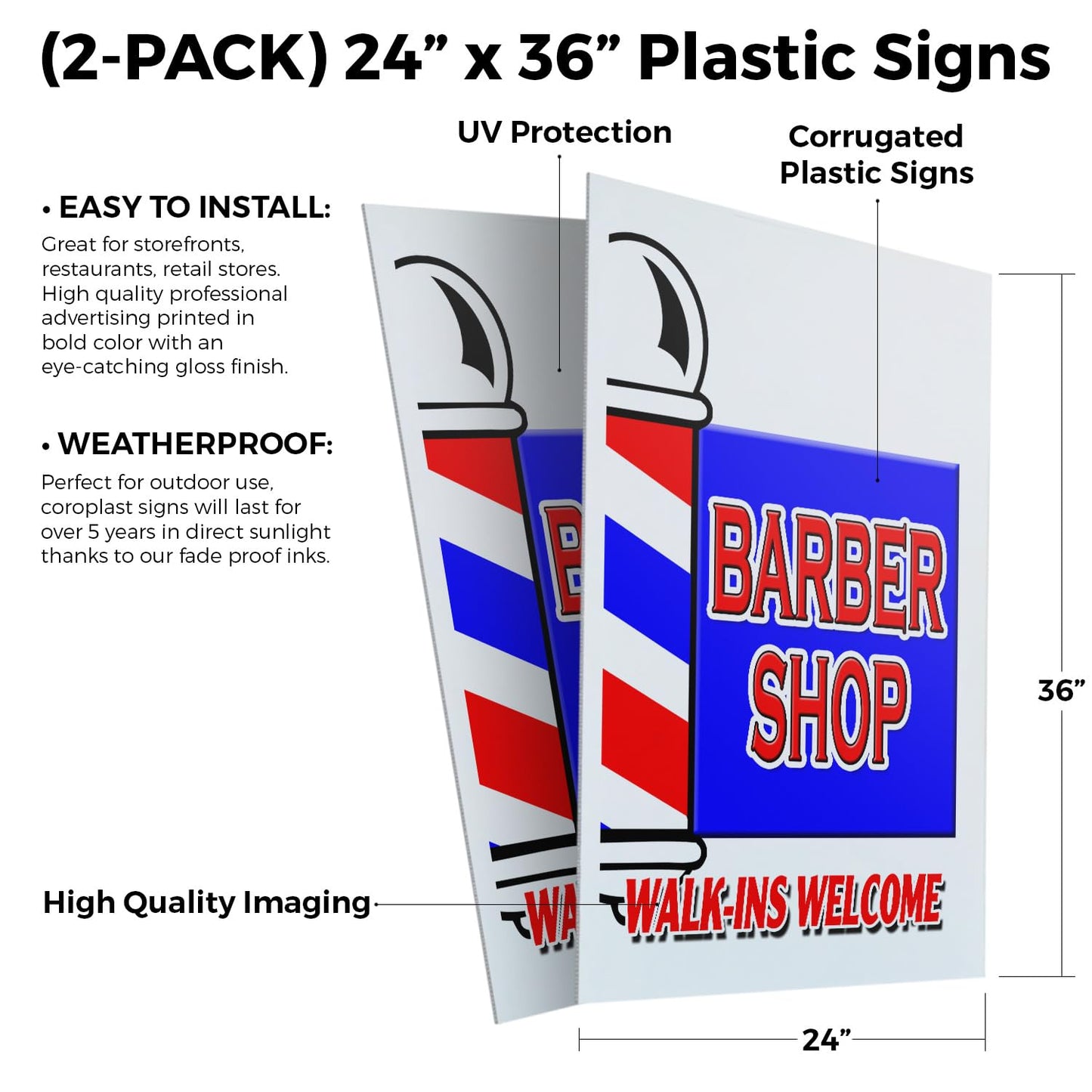 Barber Shop Walk-ins Welcome (2-Pack) 24" x 36" Plastic Signs | Sign Insert 4mm Corrugated Plastic Signs Storefront Window Poster