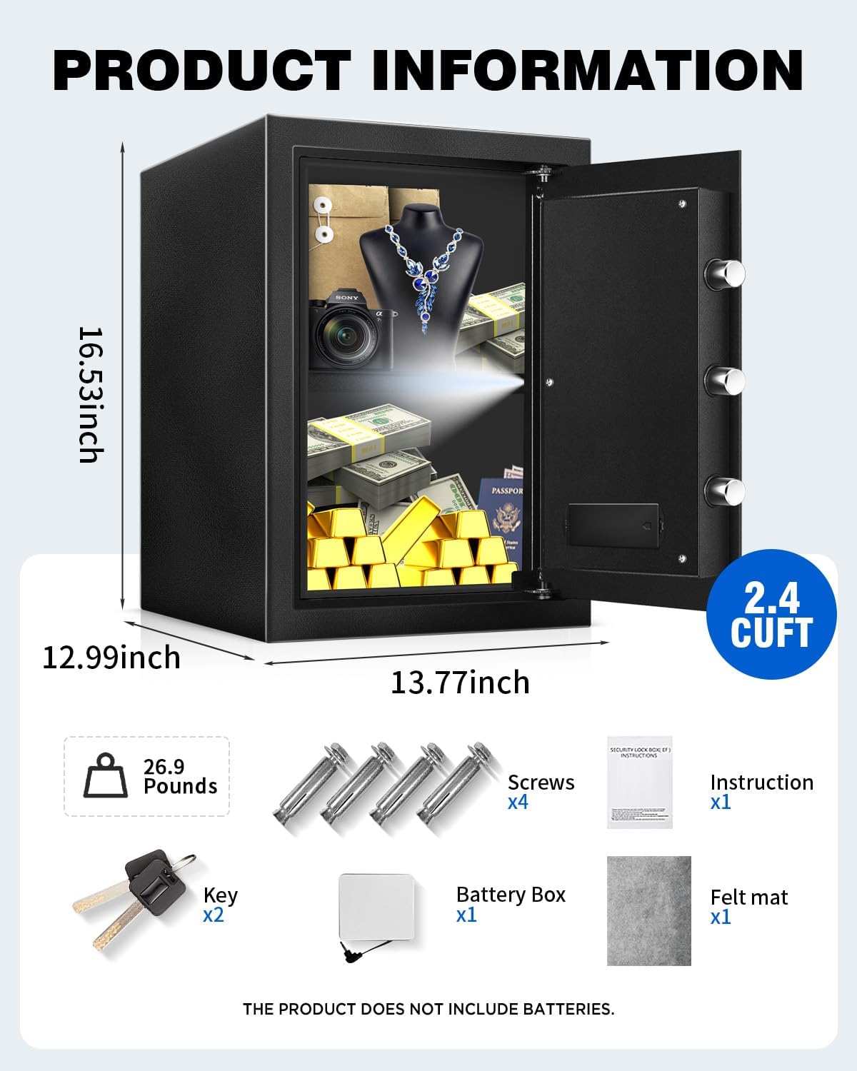 2.4 Cub Home Use Safe Box Fireproof Waterproof, Fire Proof Safe with Digital Keypad Sensor Light Key for Hotel Office Money Documents