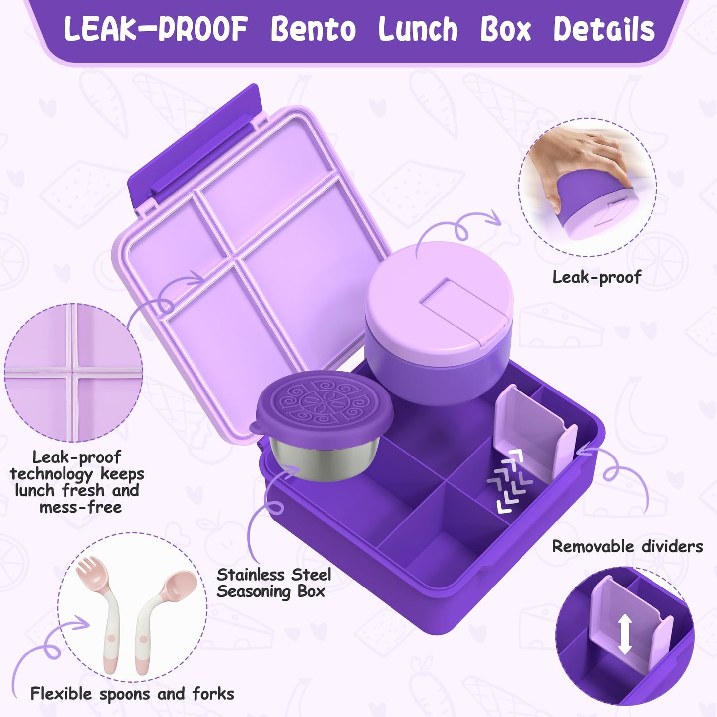 Aimsnk Kids Bento Lunch Box with 8oz Soup Thermo, Kids Leakproof Lunch Food Containers with 4 Compartment,Insulated Hot Food Jar with Lunch Bag for School, Travel (Purple)