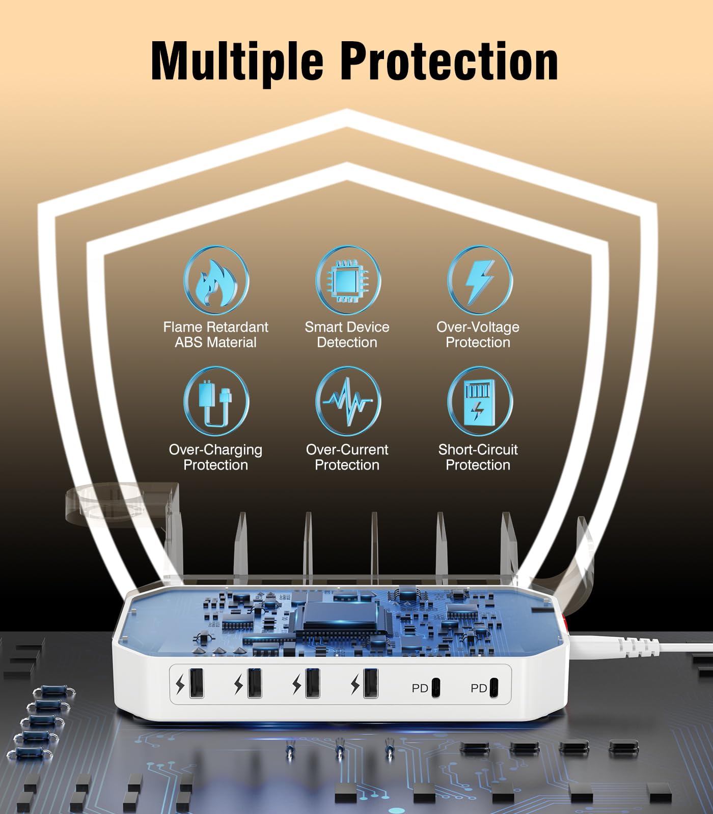 95W Fast Charging Station for Multiple Devices【UL & FCC Tested Safer Charging】 6-Port USB Charging Dock with 2 PD-Port, Compatible with iPhone/Android/MacBook/iPad/Tablet/Kindle/Apple Watch & More