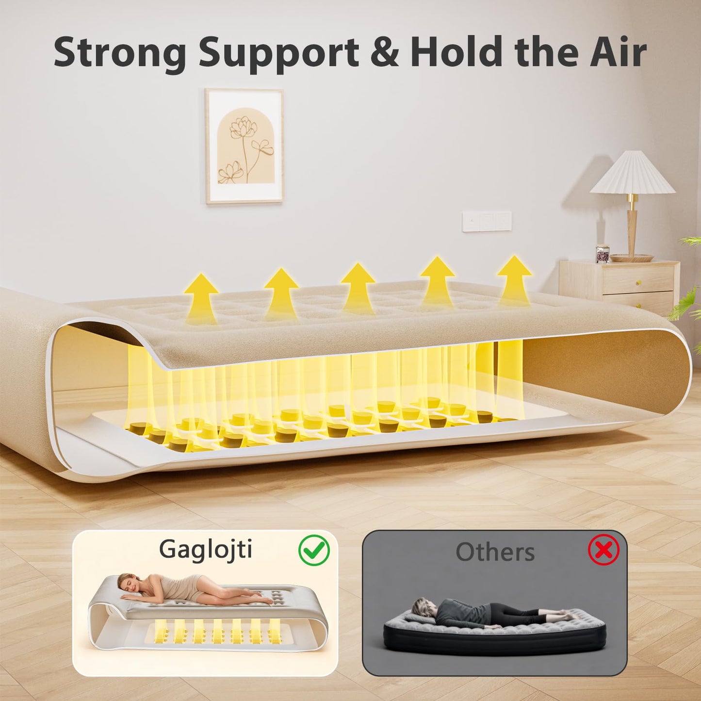 Gaglojti 16" Queen Air Mattress Full with Built in Pump for Camping,Portable Blow up Mattress with Carry Bag,High-Speed Pump,Luxury Inflatable Mattress Comfort Flocked Airbed for Guest,Home(Khaki)