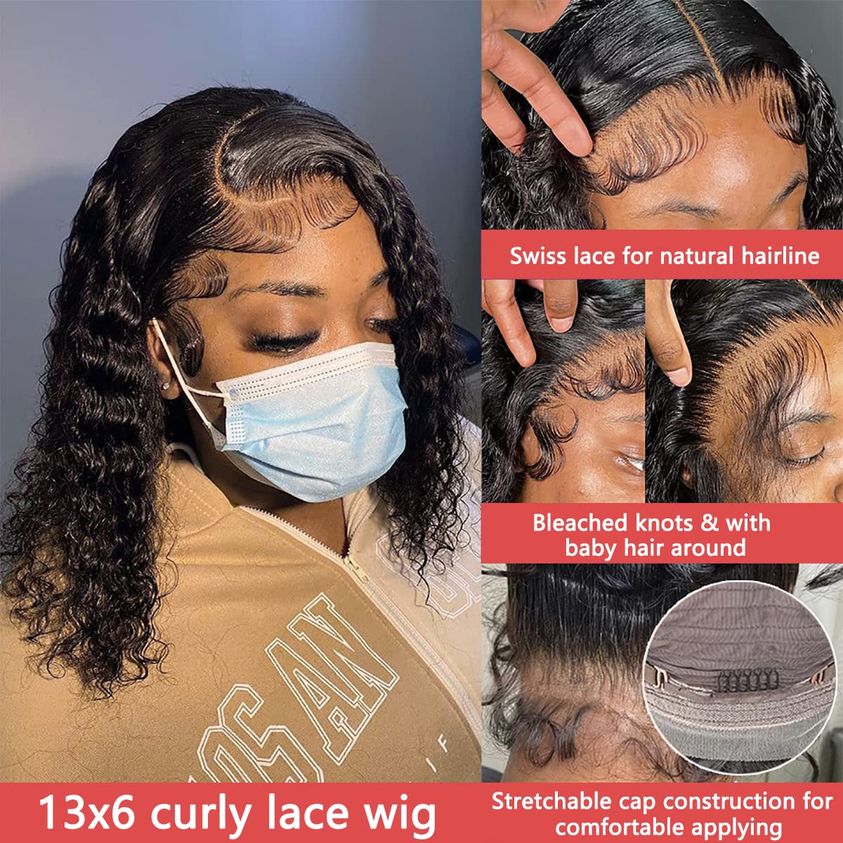 Tascal Short Bob Wig 13x6 Lace Front Wigs Human Hair Brazilian Virgin Curly Wave Human Hair Bob Curly Wigs for Black Women Pre Plucked with Baby Hair Wet and Wavy Wigs 180% Density (14 Inch)