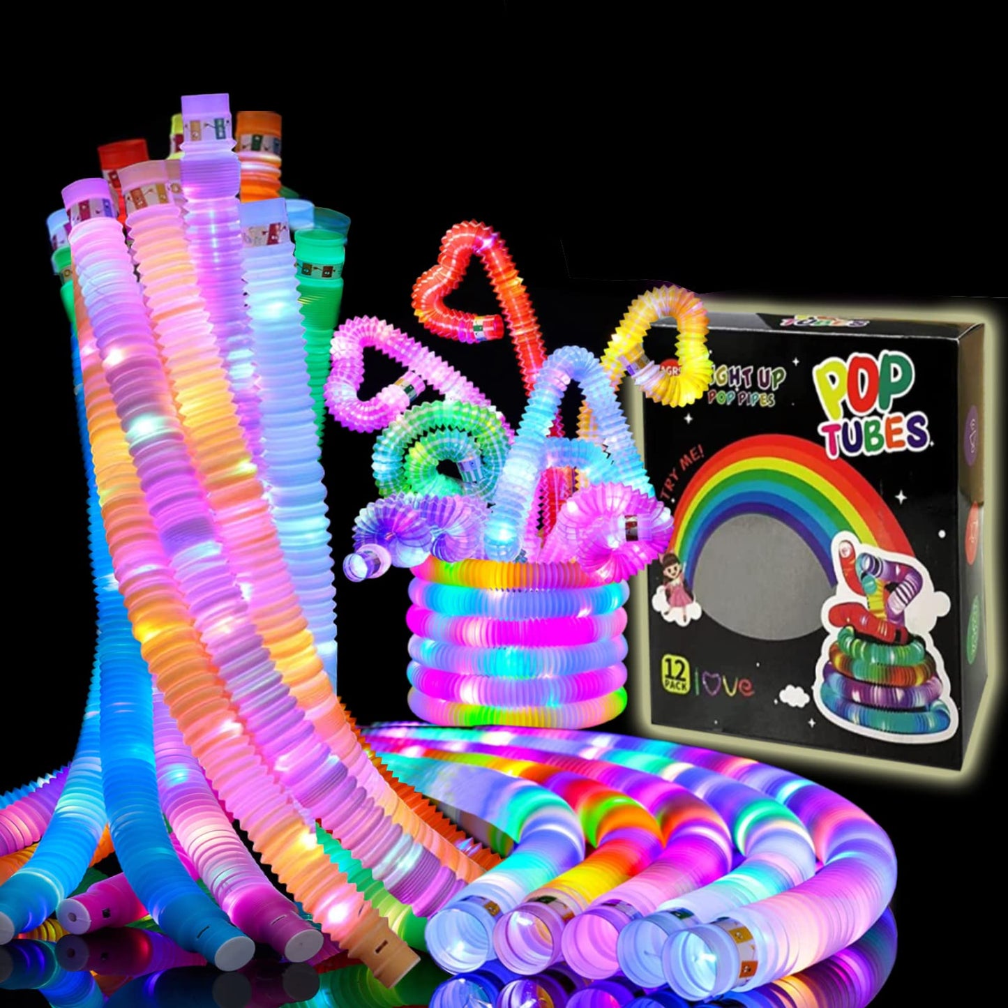 AIRNEY 48 PCS Glow in The Dark Party Supplies, Light Up LED Pop Tubes, Glow Sticks Sensory Toys Birthday Party Favors for Kids, Light Up Toys Goodie Bag Stuffers Gifts Prize