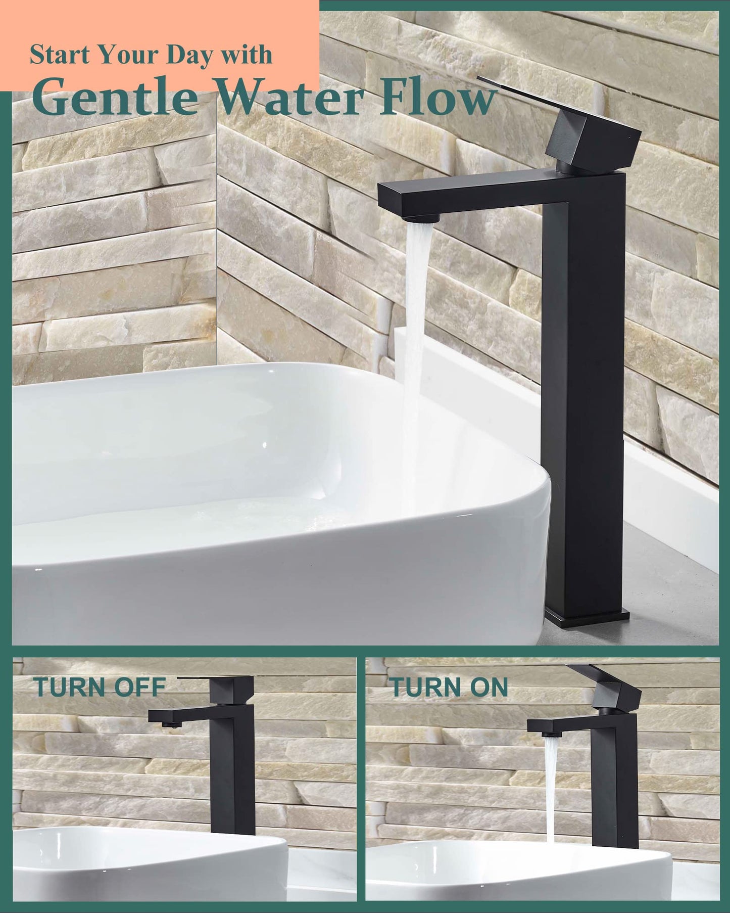 KUZOR 1PC Vessel Sink Faucet 304 Stainless Steel, Tall Bathroom Faucet 1 Hole 5-Minutes Installation - for Bathroom/Vanity/Bowl Sink - 12.5 Inch Height, 37.8 Oz Weight - Matte Black