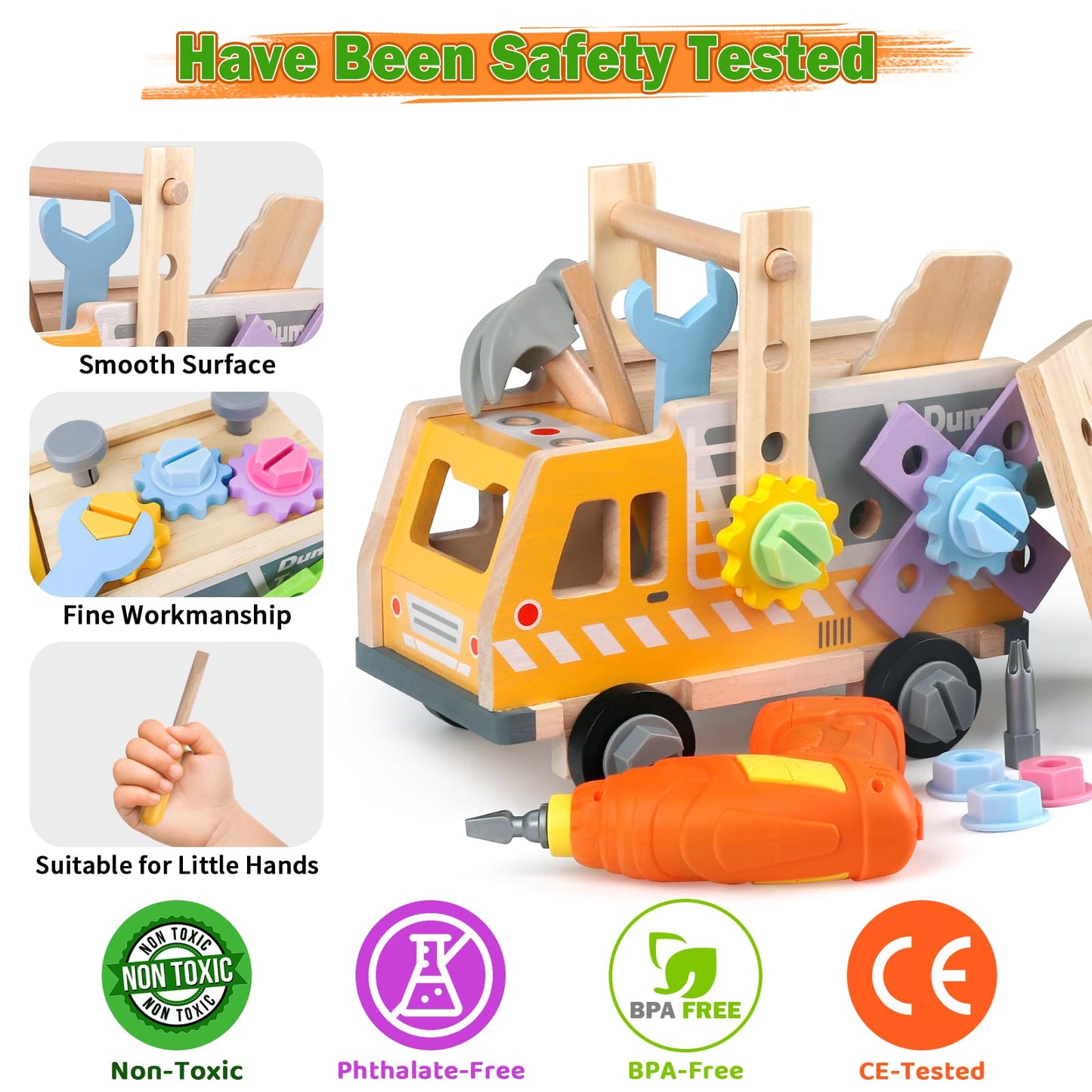 Aliex 38PCS Kids Wooden Truck Tool Set with Toy Drill for Toddlers Ages 3 4 5 6,Montessori STEM Educational Learning Construction Workbench Pretend Play Tool Kit,Birthday Sensory Gift for Boys Girls