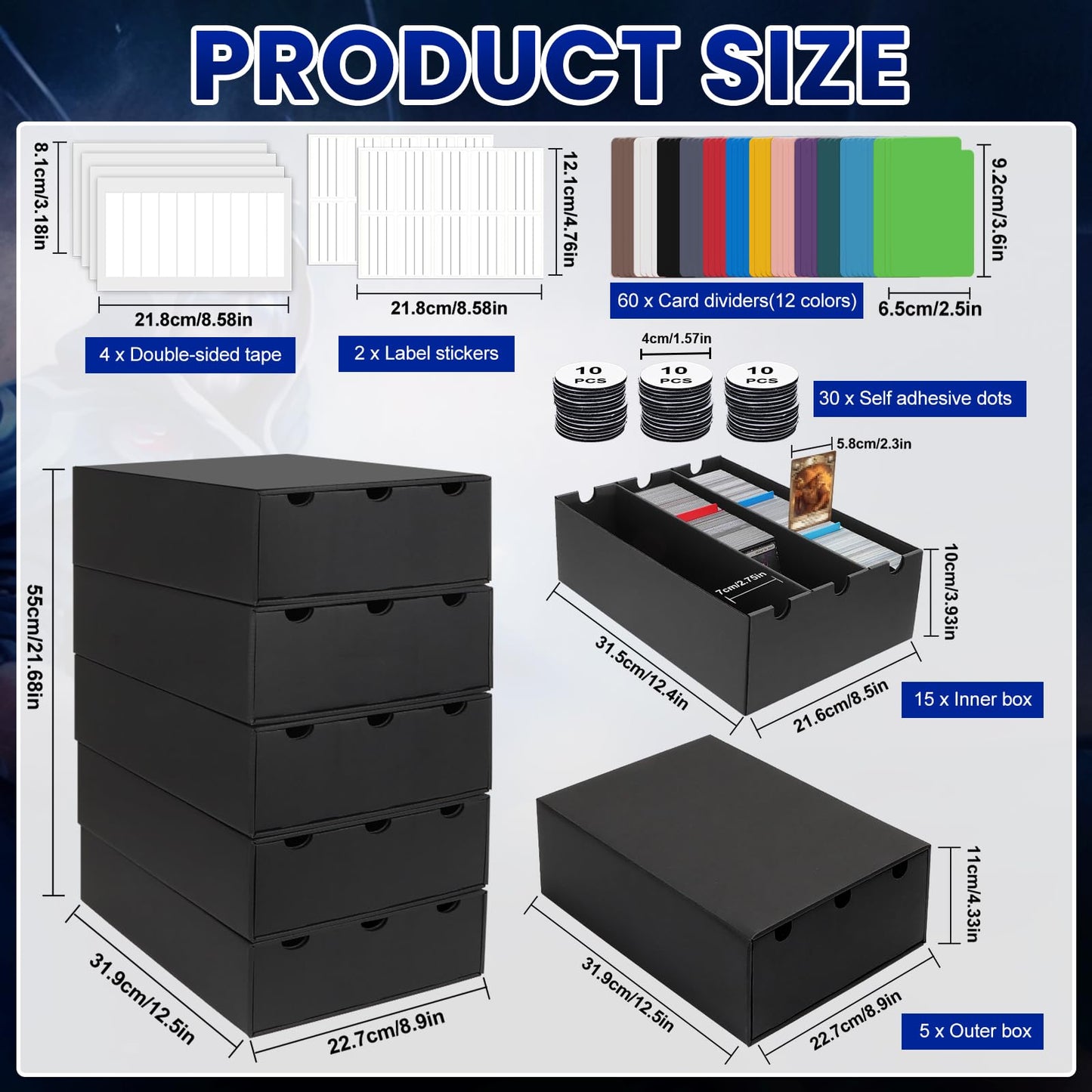 AOBOPLE Trading Card Storage Box,15000+ Cardboard Cards Organizer Box with 60 Card Dividers,Labels and Tape,Card Deck Box for MTG TCG PTCG Sport Cards