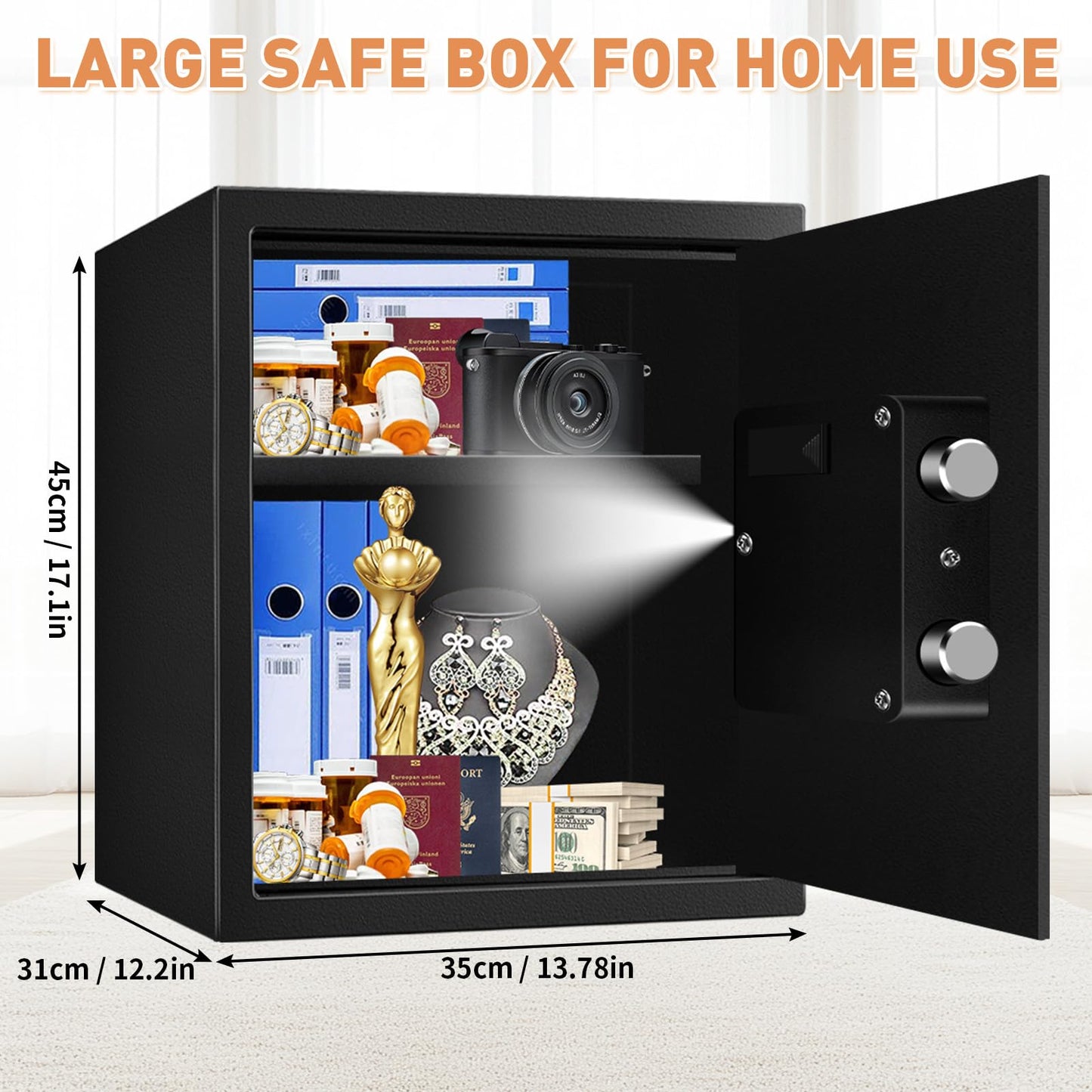 2.8 Cuft Fireproof Safe for Home Use, Digital Home Safes Fireproof Waterproof with Programmable Keypad, Backup Keys and Alarm System, Anti-Theft Home Security Safe Box for Document Money Medicines