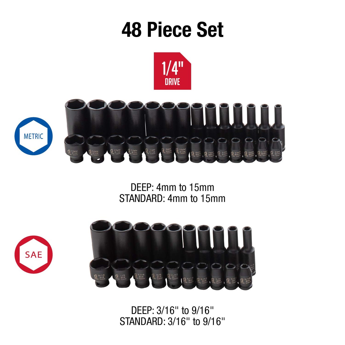 SUNEX TOOLS 1848, 1/4 Inch Drive Master Impact Socket Set, 48-Piece, SAE/Metric, 3/16 Inch - 9/16 Inch, 4mm - 15mm, Standard/Deep, Cr-Mo Alloy Steel, Radius Corner Design, Heavy Duty Storage Case