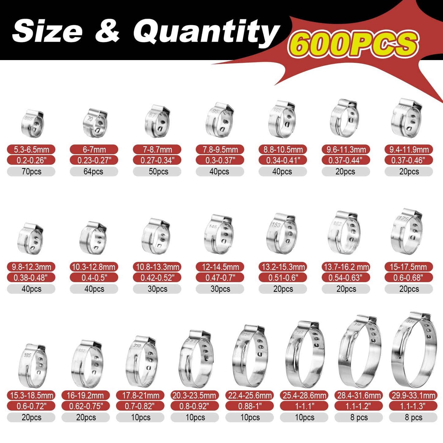 600PCS 22 Sizes Single Ear Hose Clamps, 5.3-33.1mm Crimp Hose Clamps 304 Stainless Steel, Ear Clamp Perfect for Automotive, Home Appliance Line, Pipe Hoses and Industry Use By Hydencamm