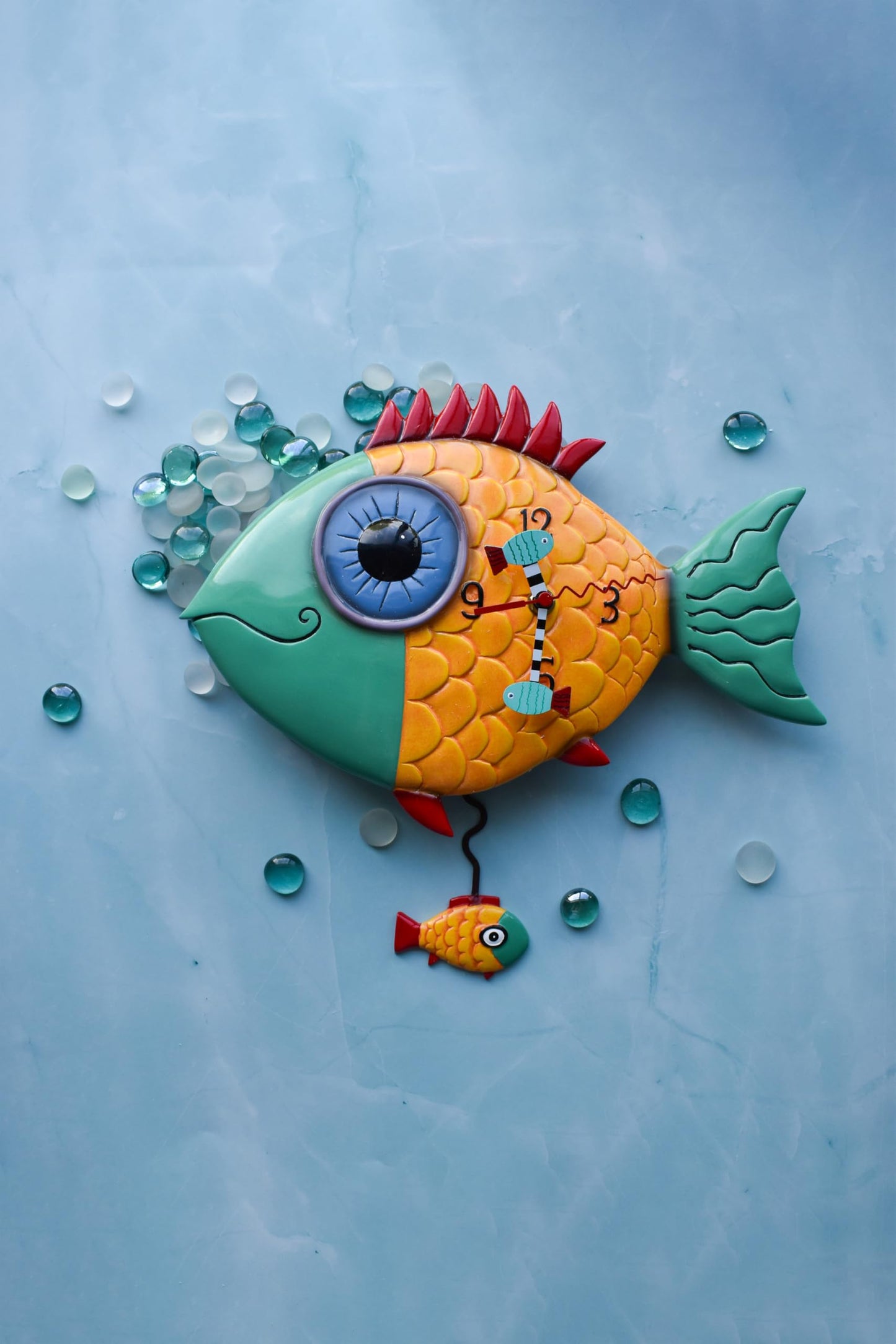 Allen Designs Enesco Wide-Eyed Fishy Sculpted Pendulum Wall Clock, 13.5 Inch, Multicolor