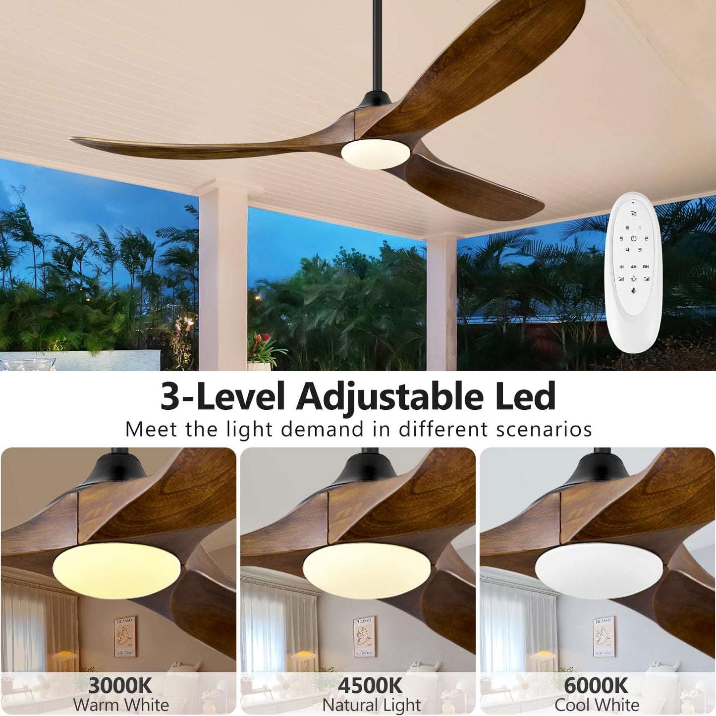 ABZ 60 Inch Ceiling Fans with Lights, Solid Wood Propeller Ceiling Fans with Lights and Remote Control Outdoor Ceiling Fan for Patios Propeller 3 Blades for Indoor Living Room, Walnut Wood