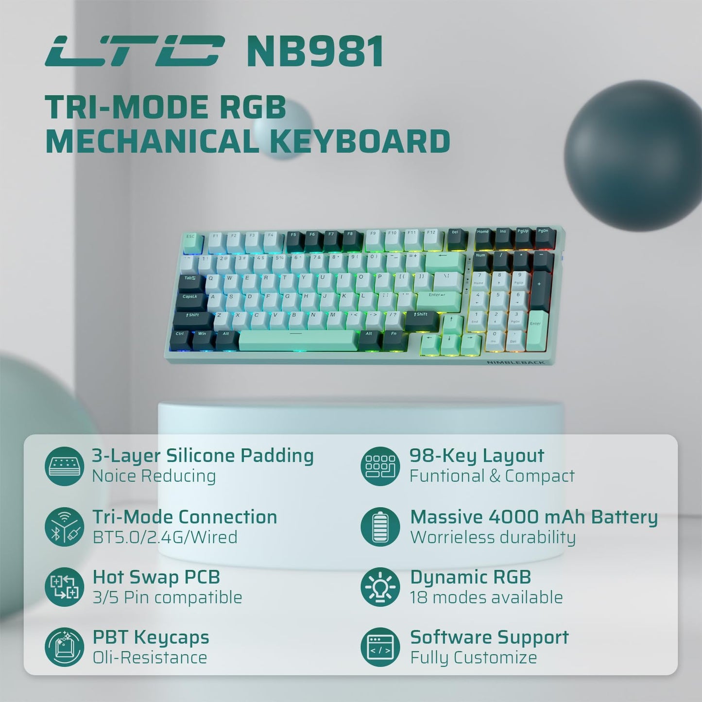 LTC Nimbleback NB981 95% Wireless Mechanical Keyboard, 2.4G/ BT/USB-C Wired RGB 98 Keys Gaming Keyboard, 3-Layer Dampener, Hot Swap PCB, Software Support, Custom Linear Switch