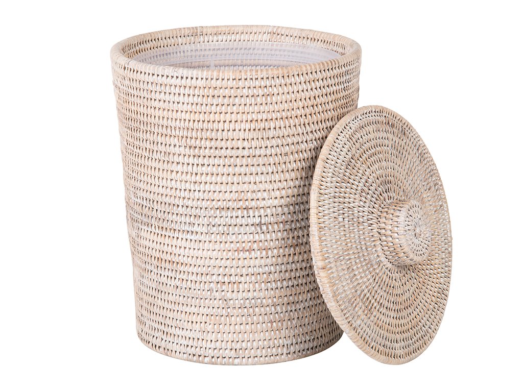 Kouboo La Jolla Rattan Round Plastic Insert & Lid, Dorm Waste Basket, Bedroom, Living Room, Bathroom Basket for Dry Organic, Home Decor, Large White-Wash