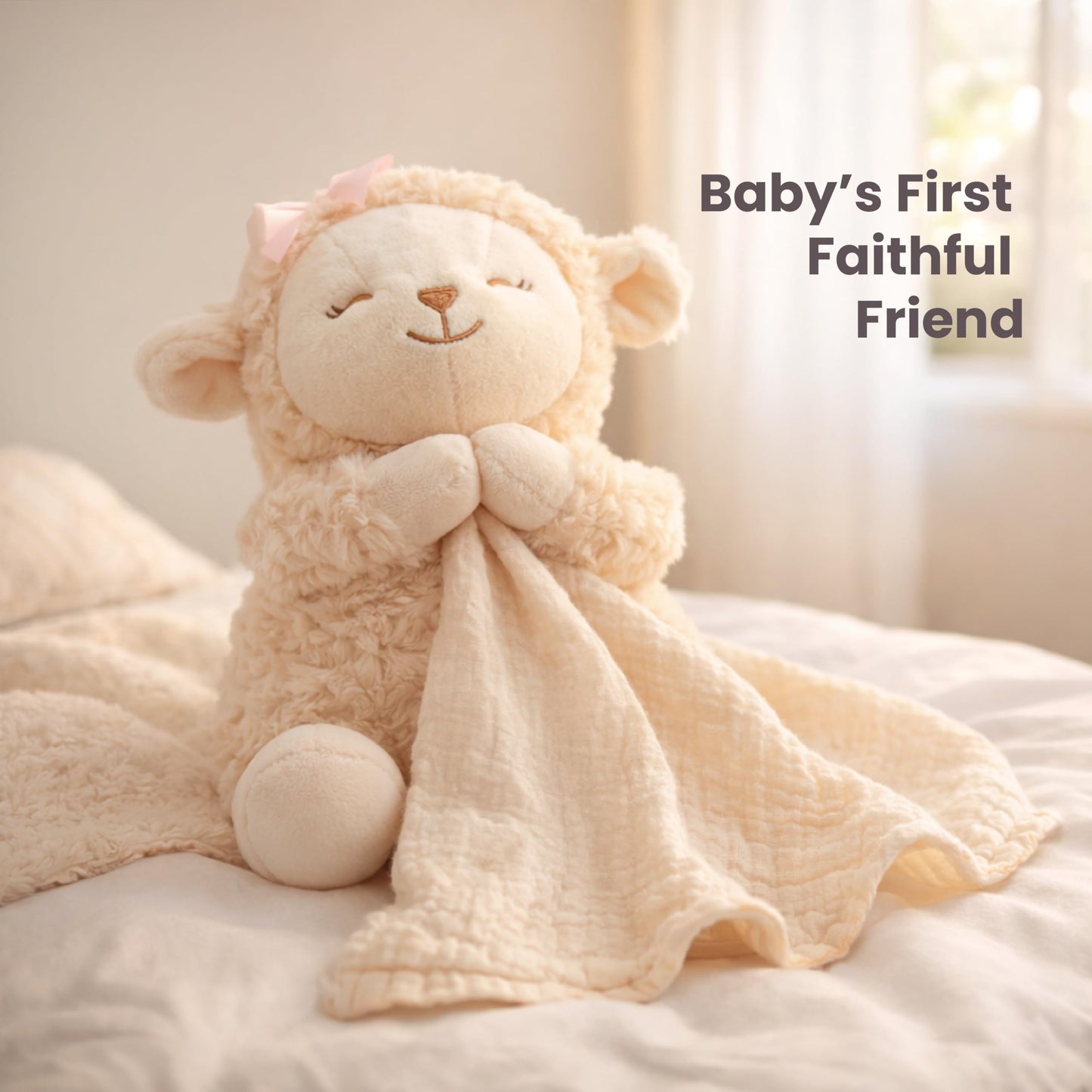 Highmark Collective Baptism Gift for Girl – Baptism Set with 10" Praying Lamb Plush Toy (Pink Bow), Bamboo Muslin Blanket & First Prayer Book, Ready to Gift Keepsake Box