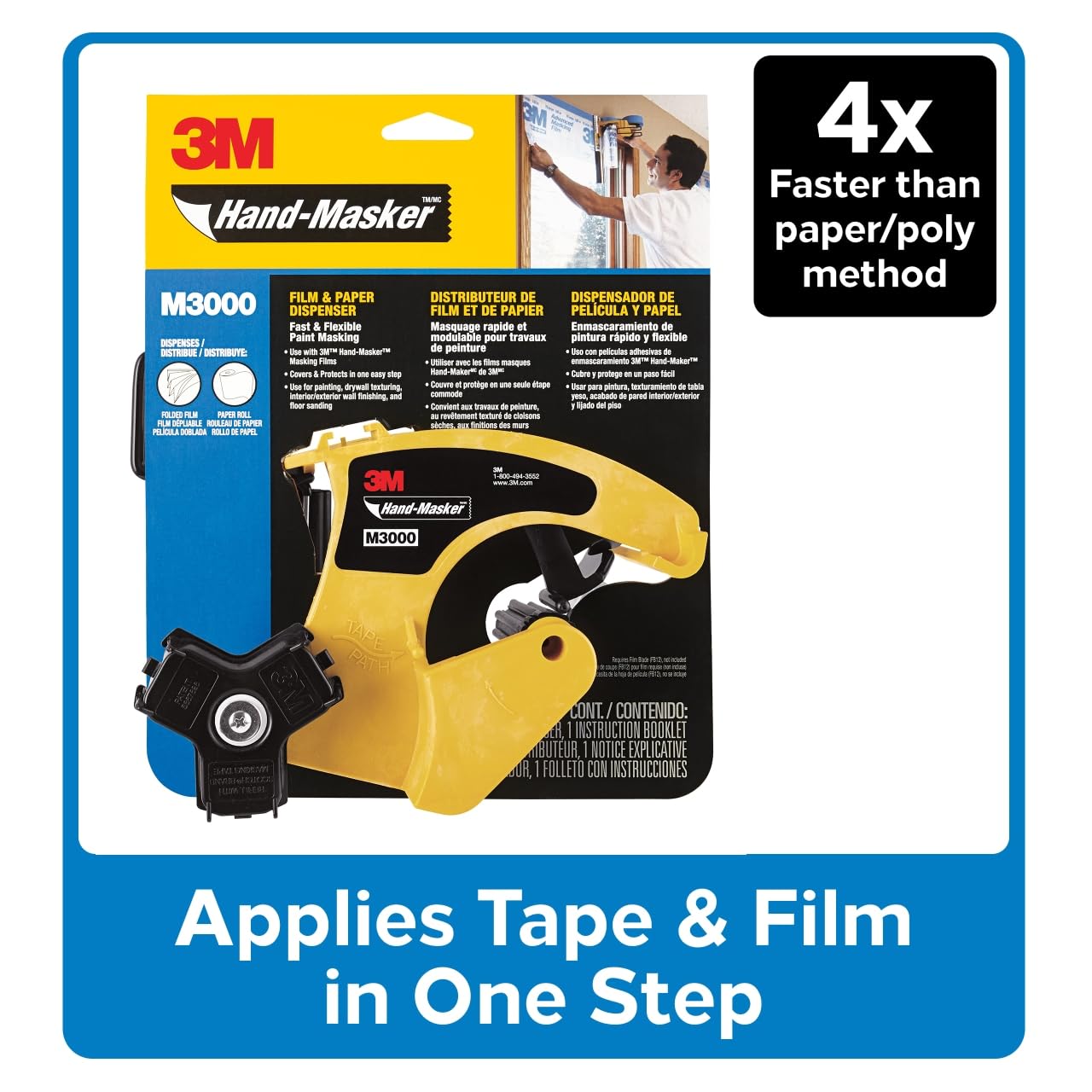 3M Hand Masker M3000 Tape Dispenser, Film & Tape, Applies Painter's Tape to Masking Film or Paper in One Continuous Application, Compact & Lightweight Design, Saves Time When Preparing For Painting