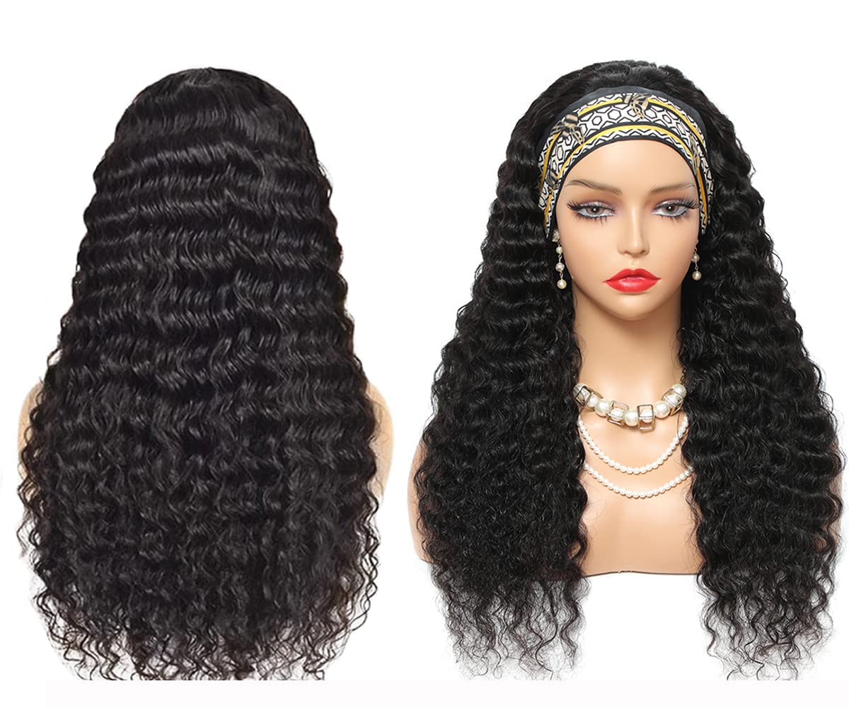 Aiterina 26 Inch Headband Wig Human Hair Deep Wave Headband Wigs for Black Women Virgin Human Hair Headband Wig Glueless Curly Headband Wig Human Hair Headband Wig Natural Color