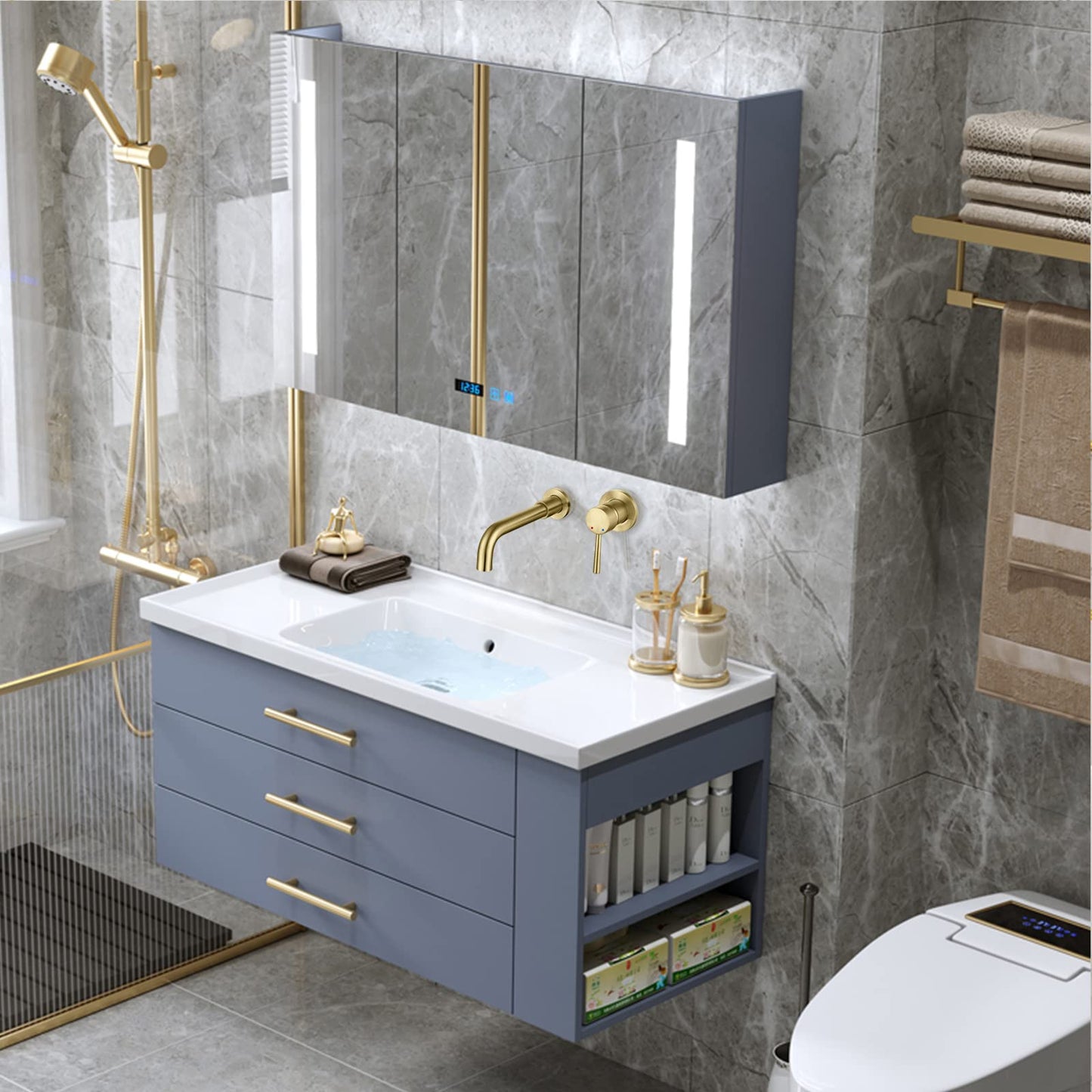HMEGAO Wall Mount Bathroom Faucet Brushed Gold Bathroom Faucet Bathroom Sink Faucet with Single Handle and Rough in Valve Included