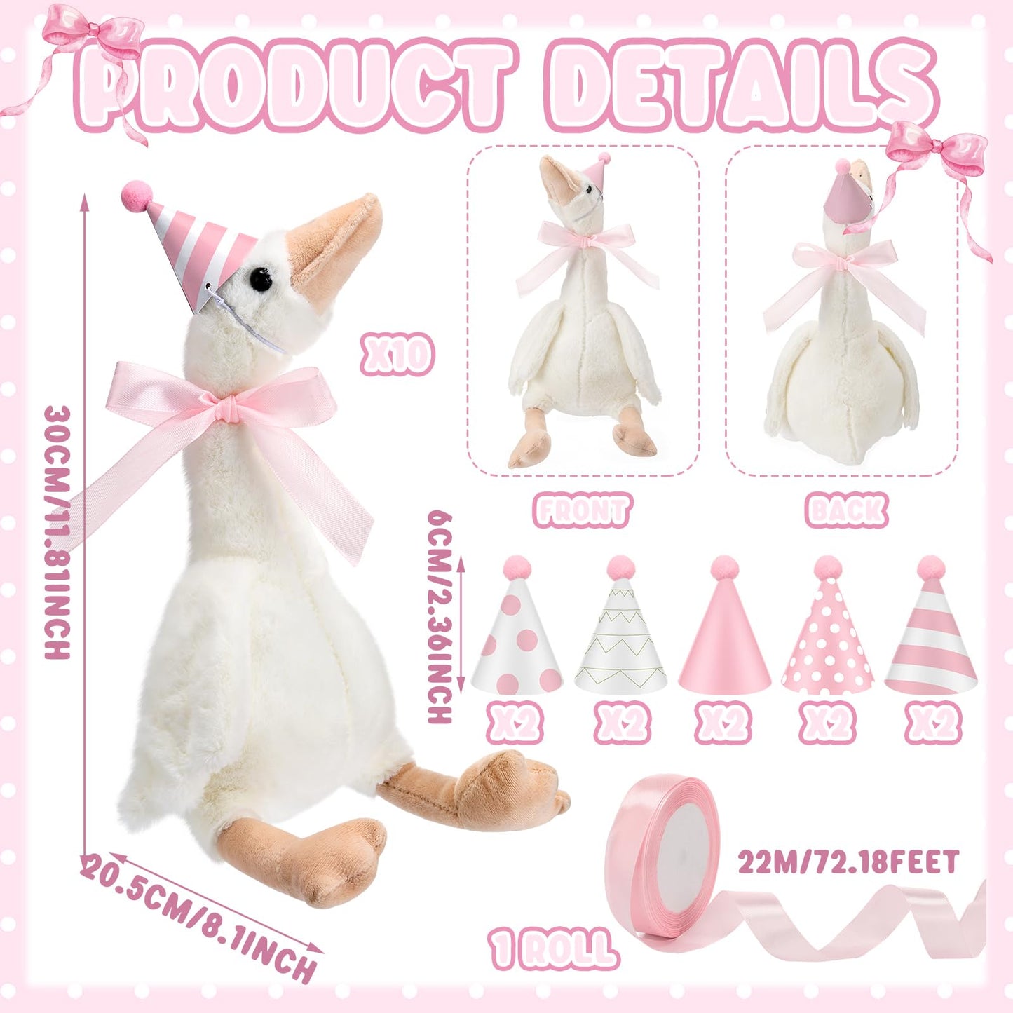 Halloscume One Silly Goose Party Favors Stuffed Animal Plush Toy and Mini Birthday Party Hats with Ribbon Bow(Pink,10 Set)
