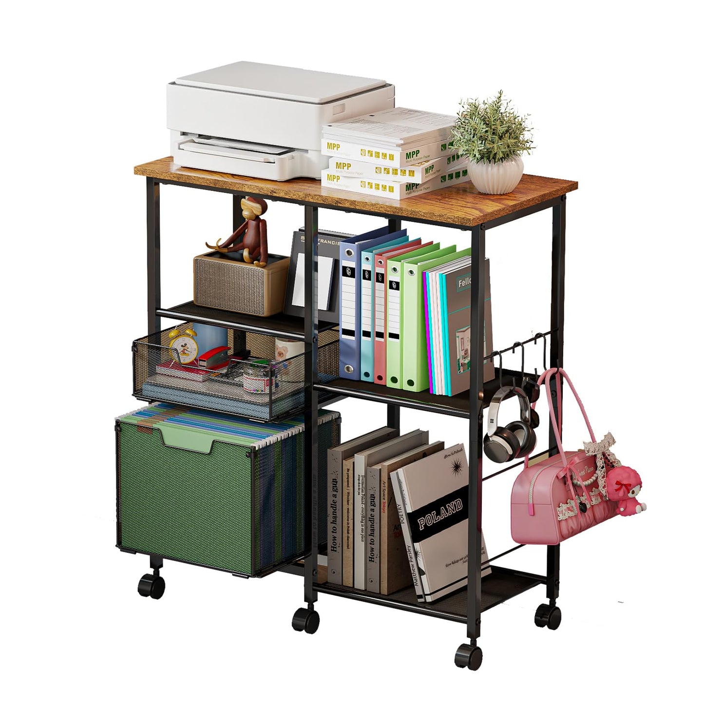 Tiaoheka Rolling File Cart with Wheels,Lateral File Cabinet with 2pcs Drawers,Rolling Printer Stand Cart with Open Storage Shelf,Hanging Filing Cabinet Organizer Cart Fits Letter Size for Home Office